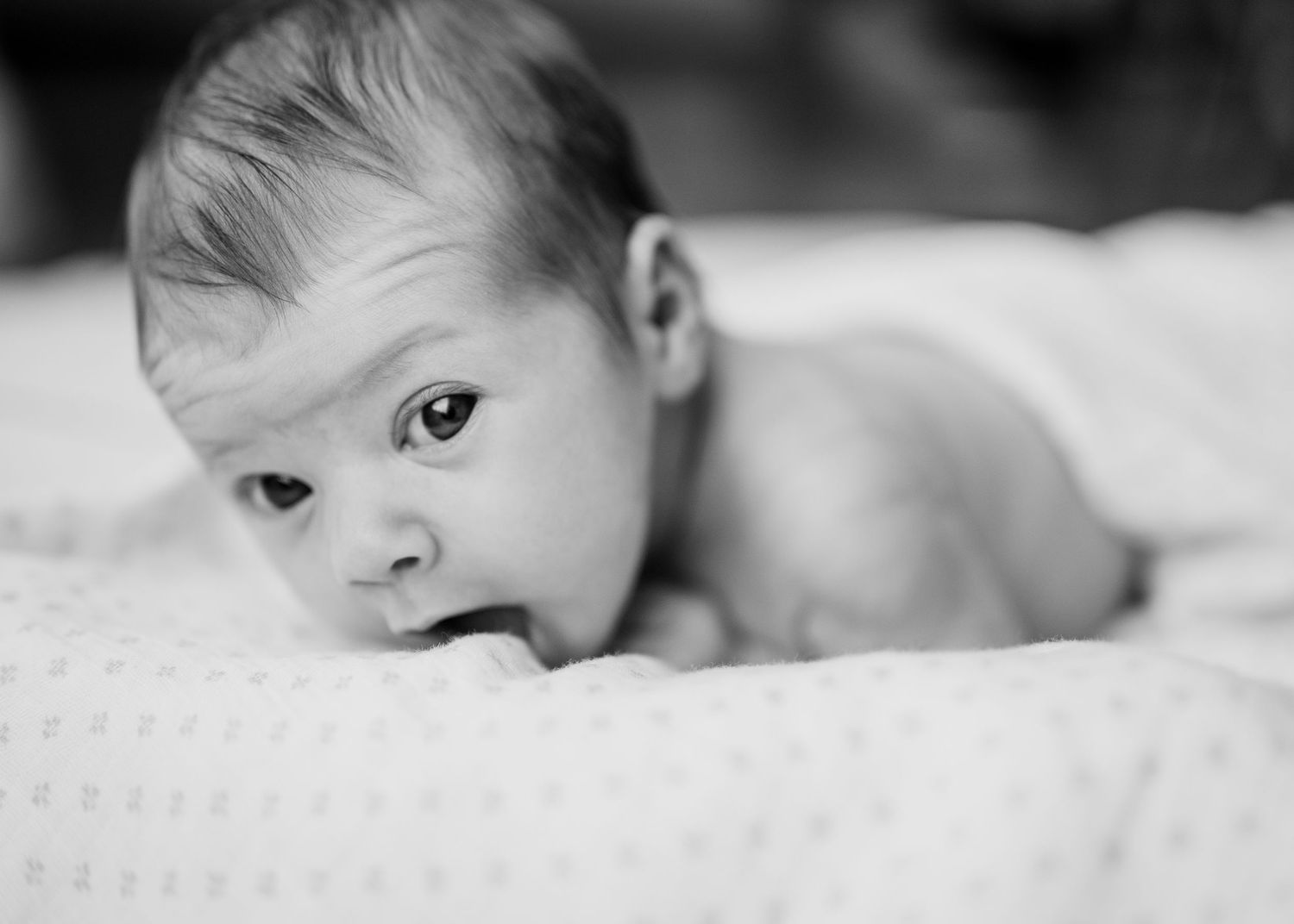 Black and white portrait of baby lying on soft white bedding.