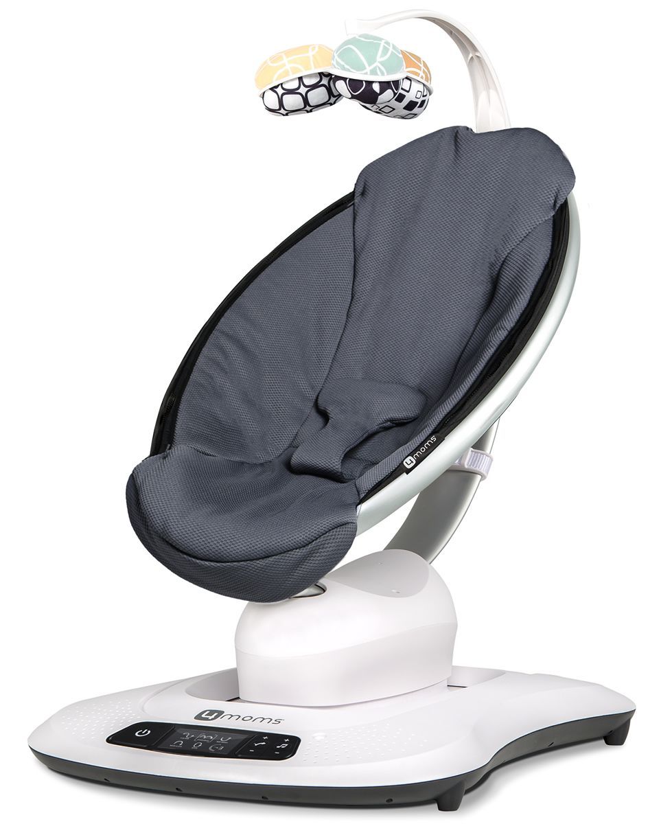 Modern mamaRoo baby swing with gray seat cushion and white base featuring touch controls and multiple motion settings.
