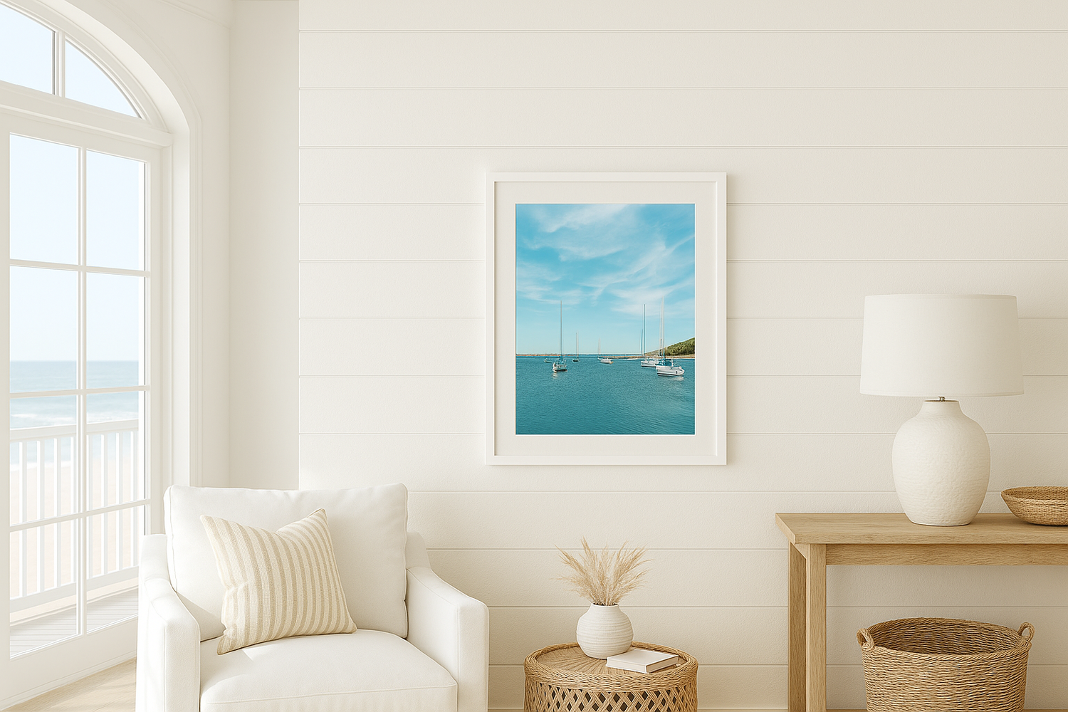 Bright and airy coastal living room with white walls, natural textures, and blue ocean artwork creating a serene atmosphere.