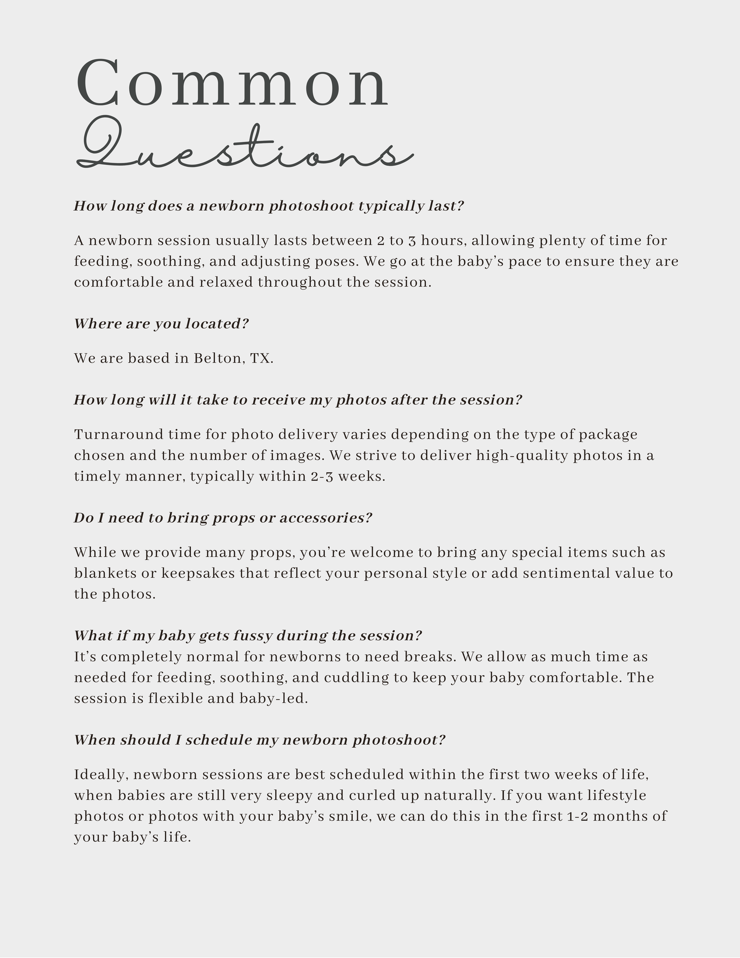 Common questions guide for newborn photography sessions covering timing, location, and photo delivery.