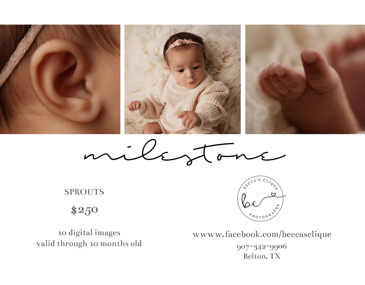 Becca's Clique Photography milestone Sprouts package offering 10 digital images for $250, valid through 10 months.