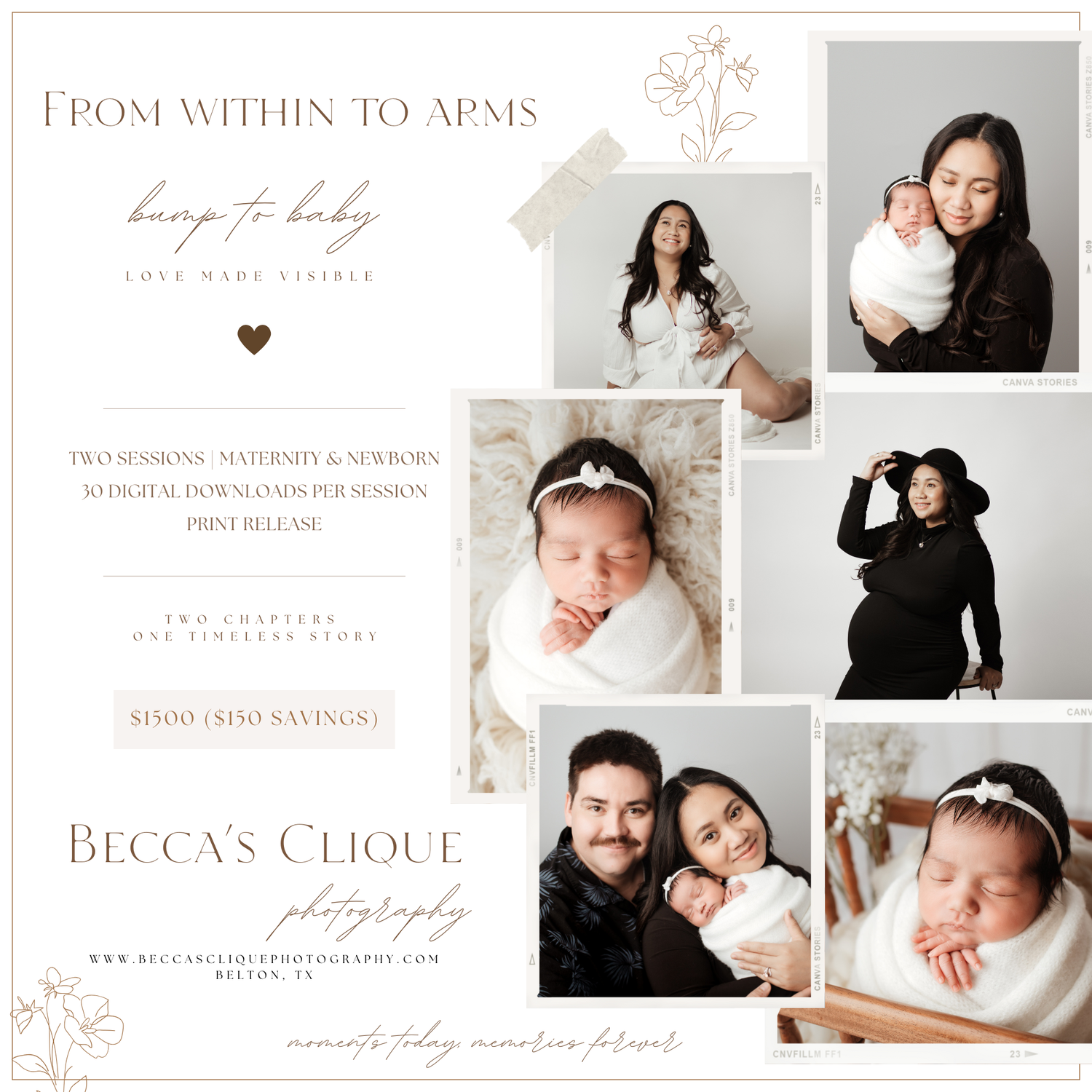 Becca's Clique Photography bump to baby maternity and newborn bundle package promotional flyer.