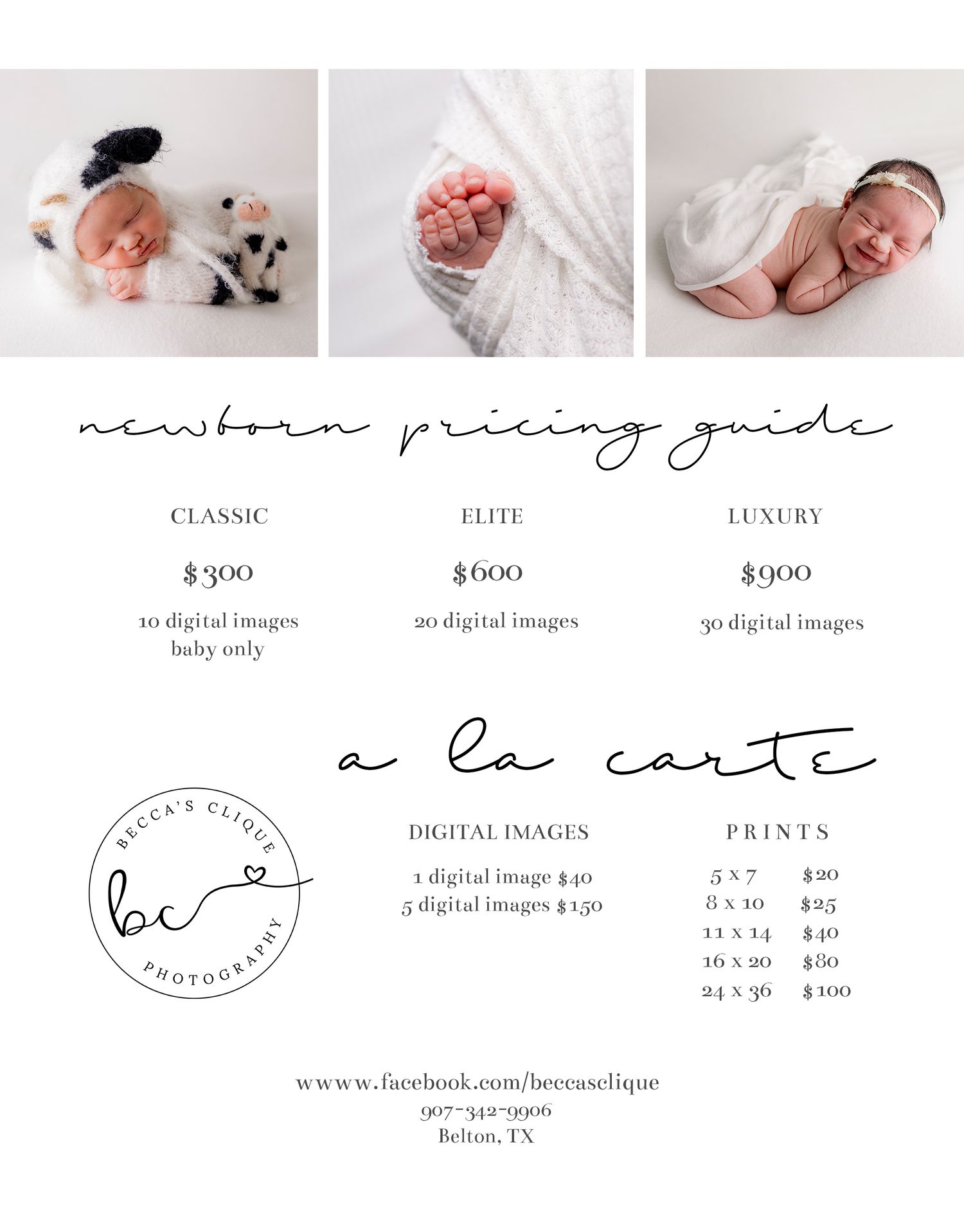 Becca's Clique Photography newborn pricing guide featuring classic, elite, and luxury photo packages.