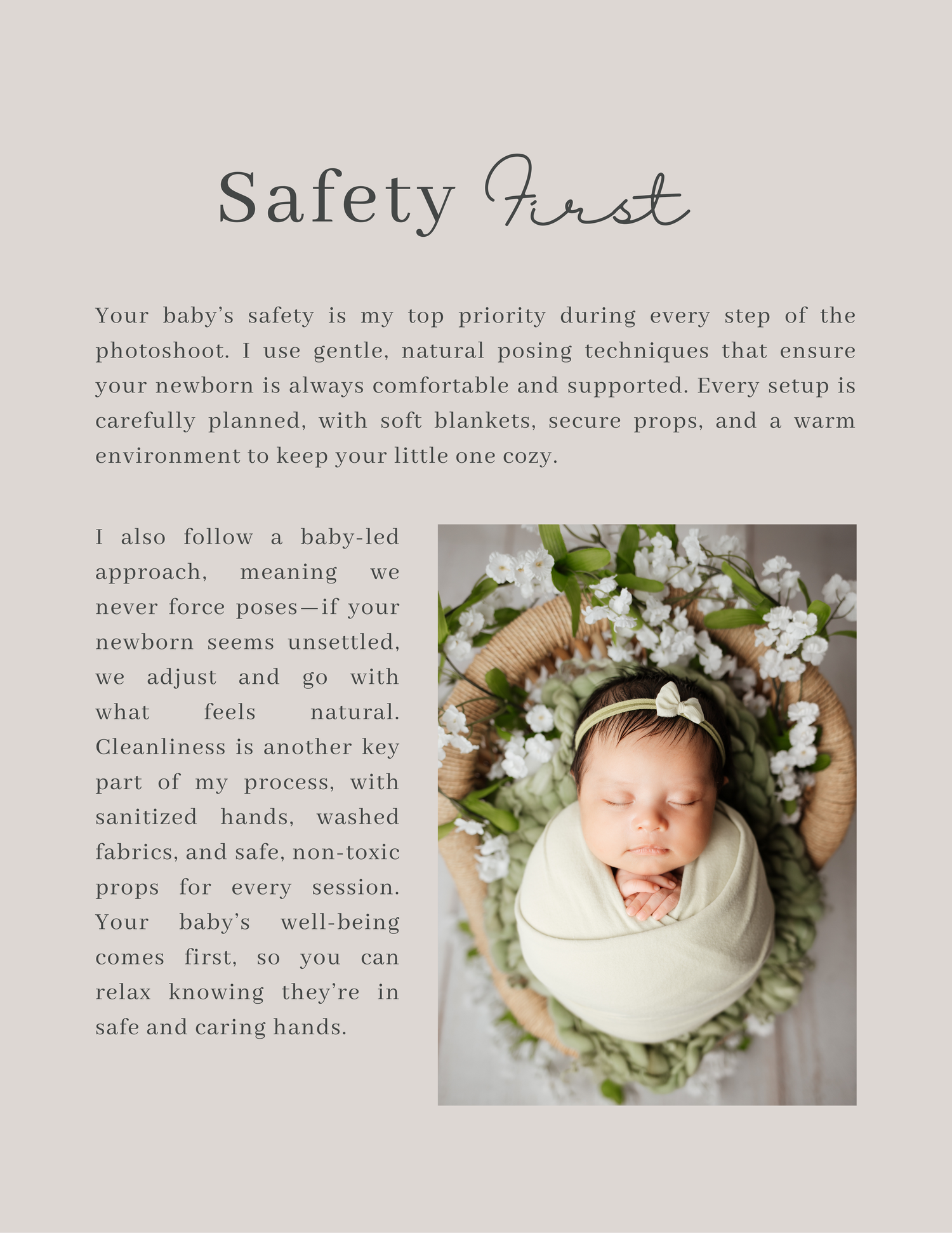 Newborn photography safety guide emphasizing gentle posing, sanitized props, and baby-led sessions.