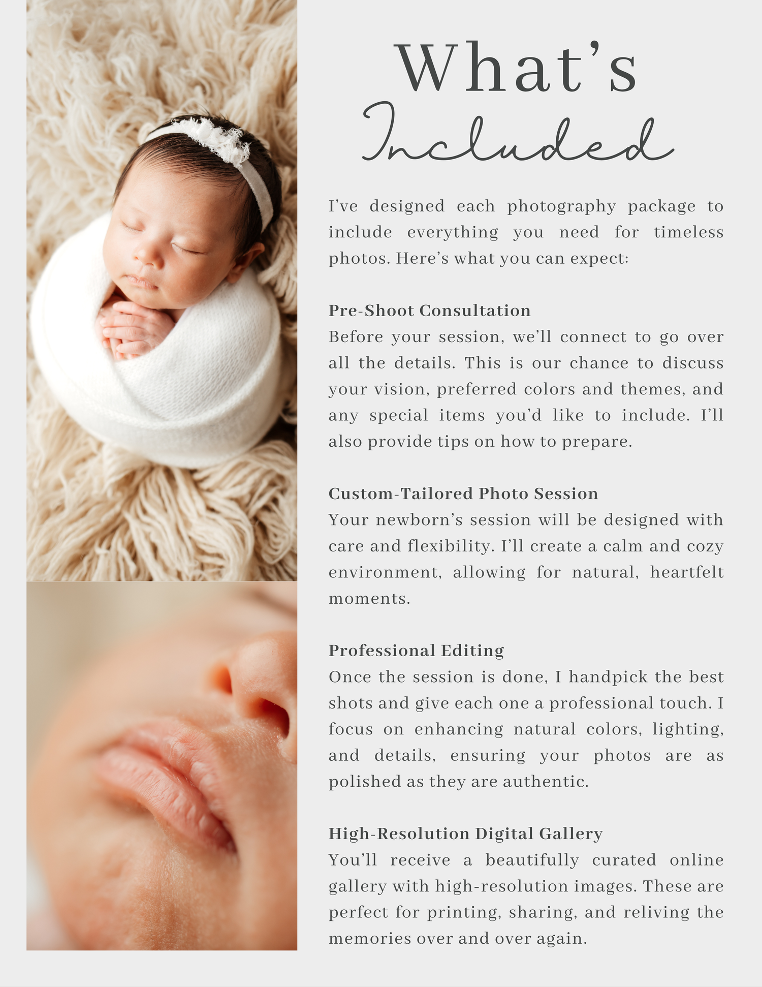 Photography package details flyer featuring newborn portraits and session inclusions information.