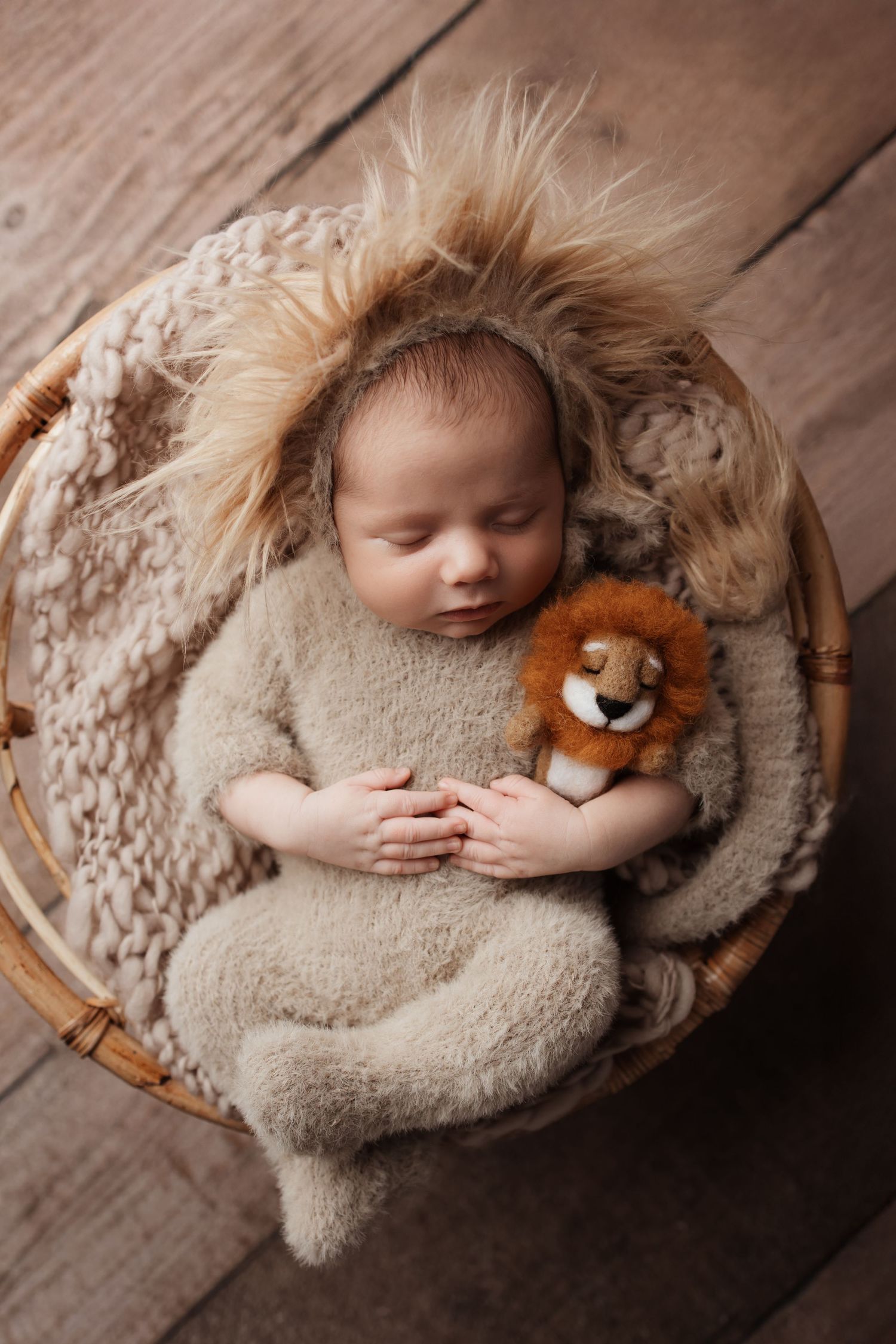 Sleeping newborn in lion hat and beige wrap cuddles lion toy inside a wicker basket.