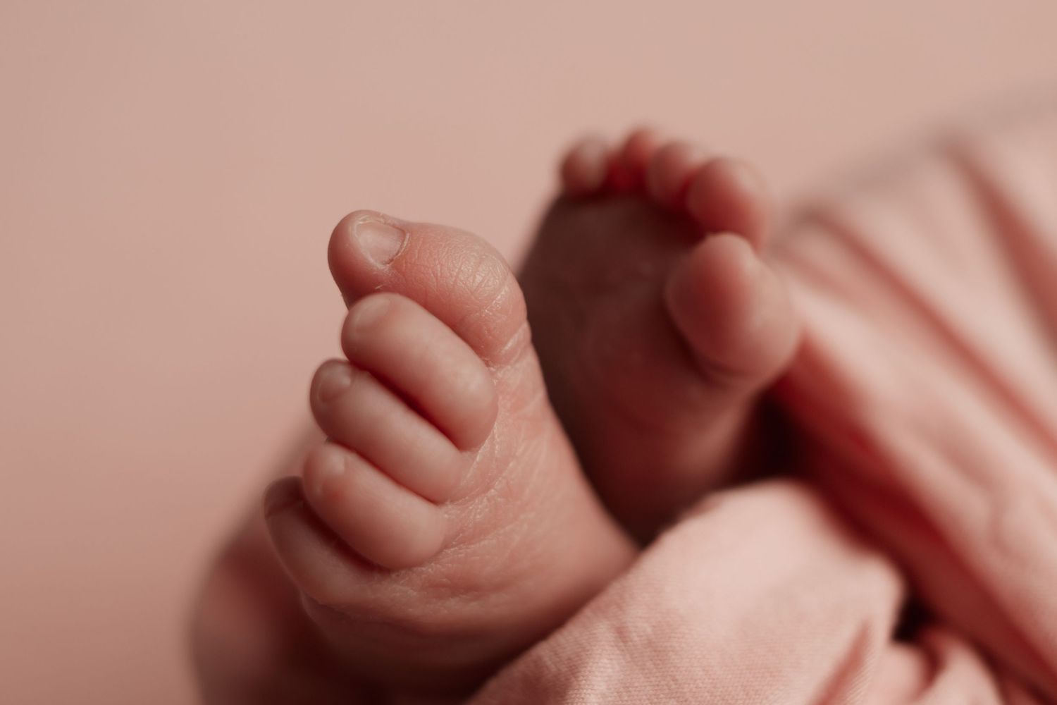 Close-up of tiny newborn baby feet against a soft pink background.