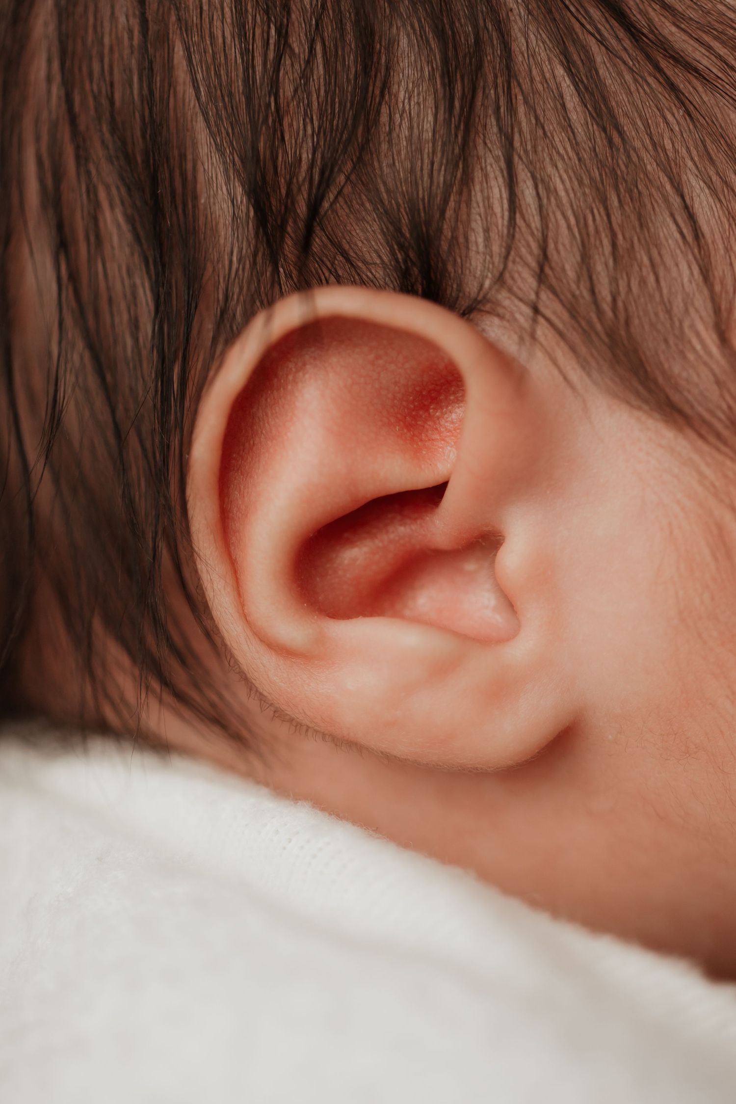 Extreme close-up of newborn baby ear with dark hair during professional newborn photography session.