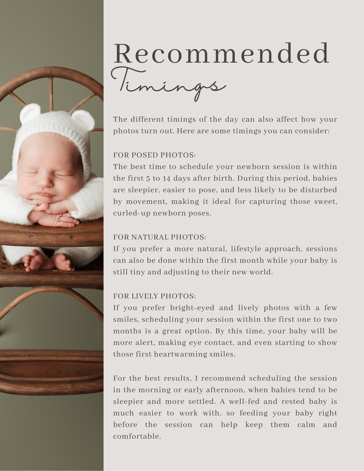Recommended timing guide for scheduling a newborn photography session within the first two months.