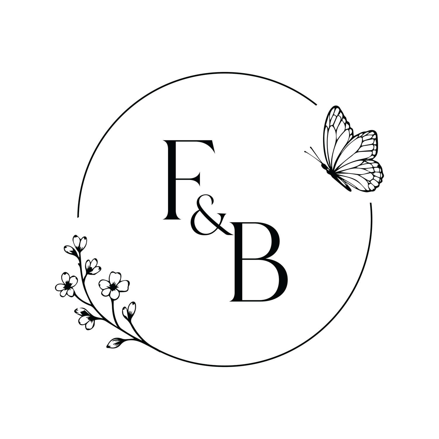 Elegant F&B monogram logo with floral branch and butterfly inside a circular frame in black and white.
