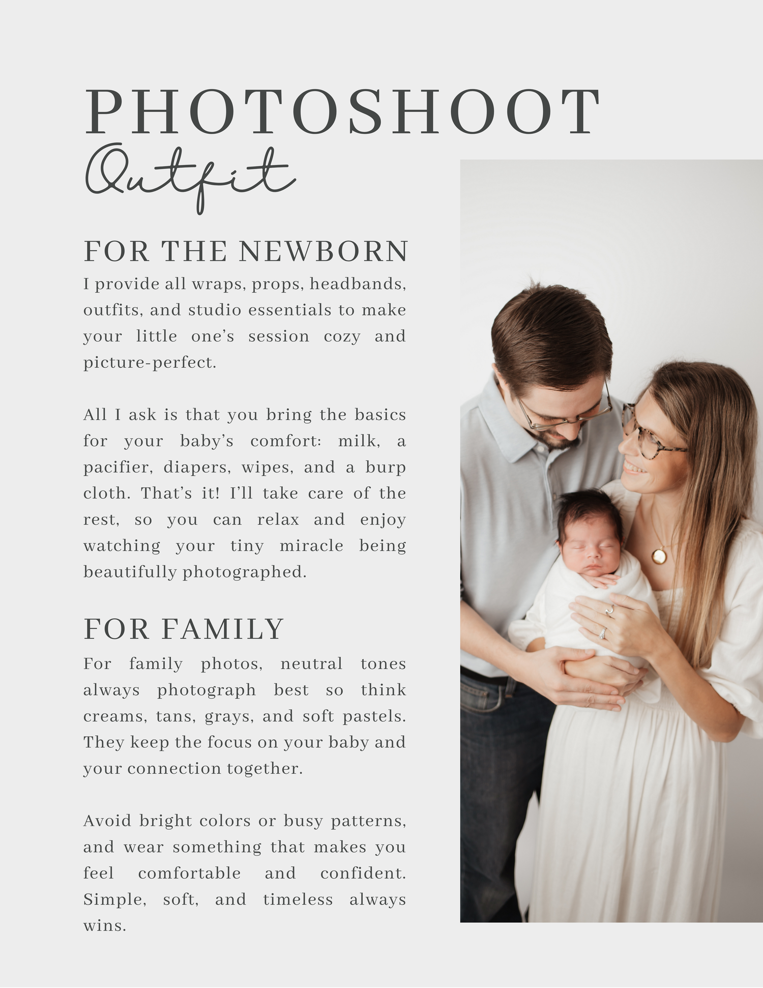 Newborn photoshoot outfit guide for baby and family with neutral tone clothing recommendations.