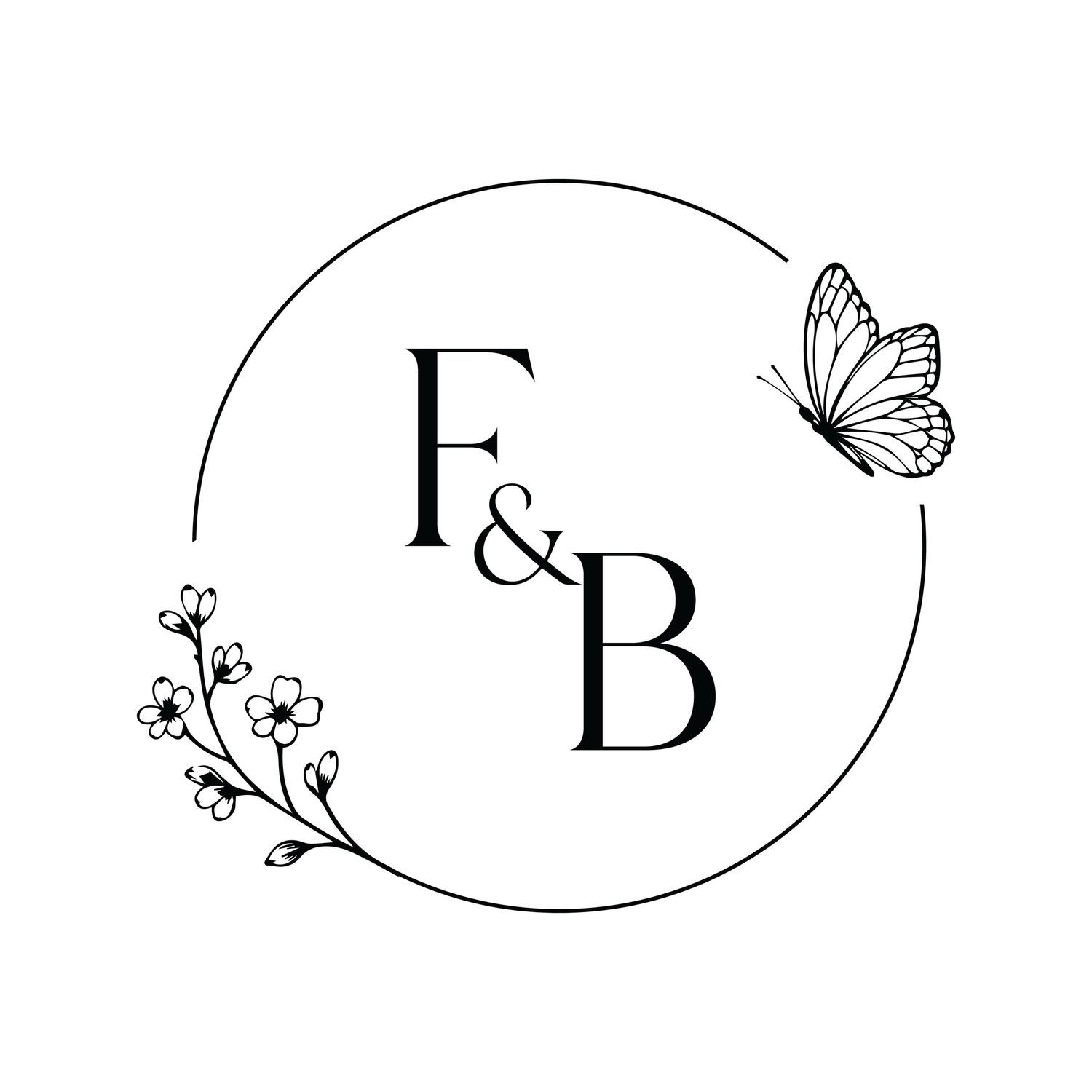 Black and white circular logo featuring F&B monogram with delicate floral branch and butterfly illustrations.