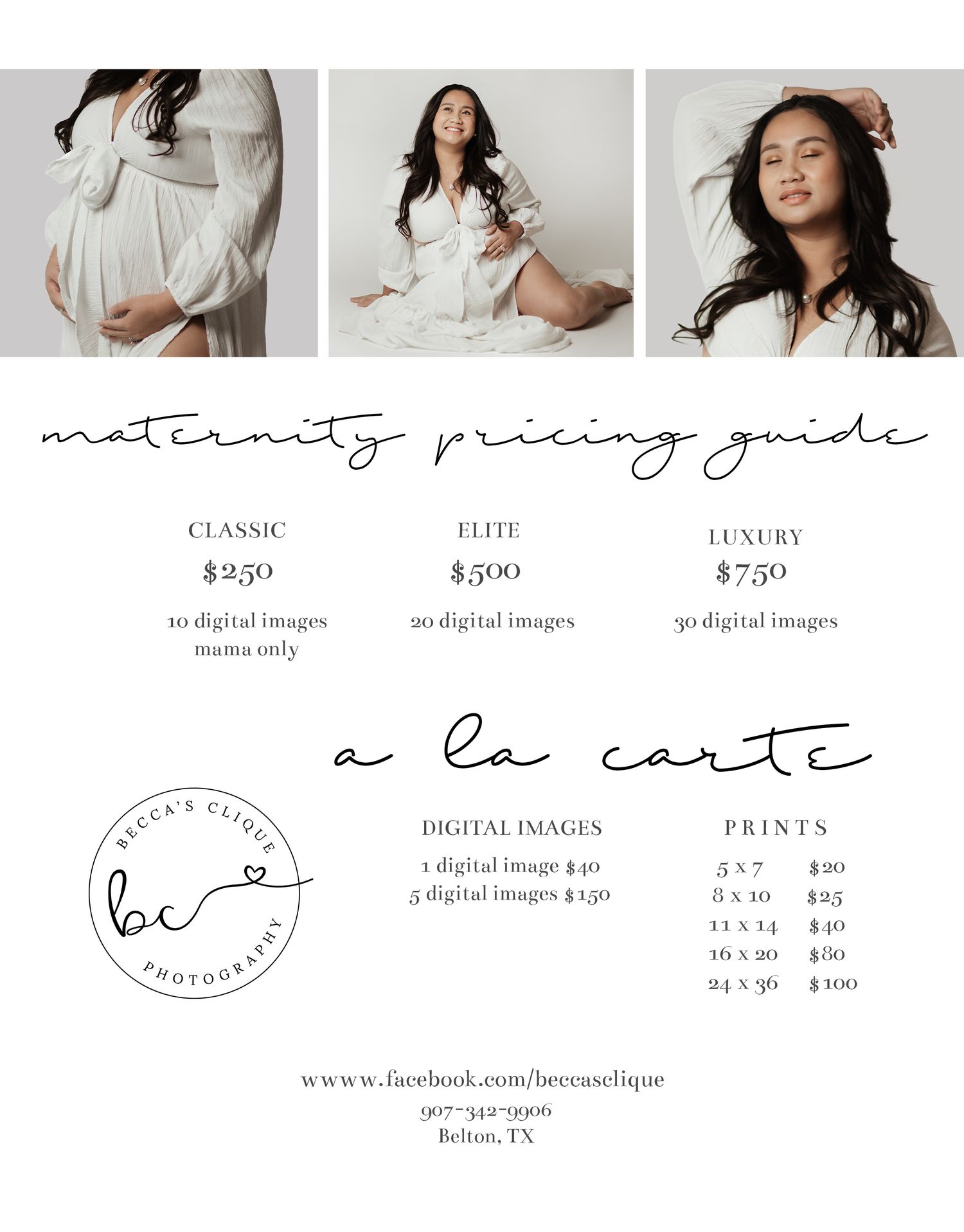 Becca's Clique Photography maternity pricing guide with classic, elite, and luxury session packages.