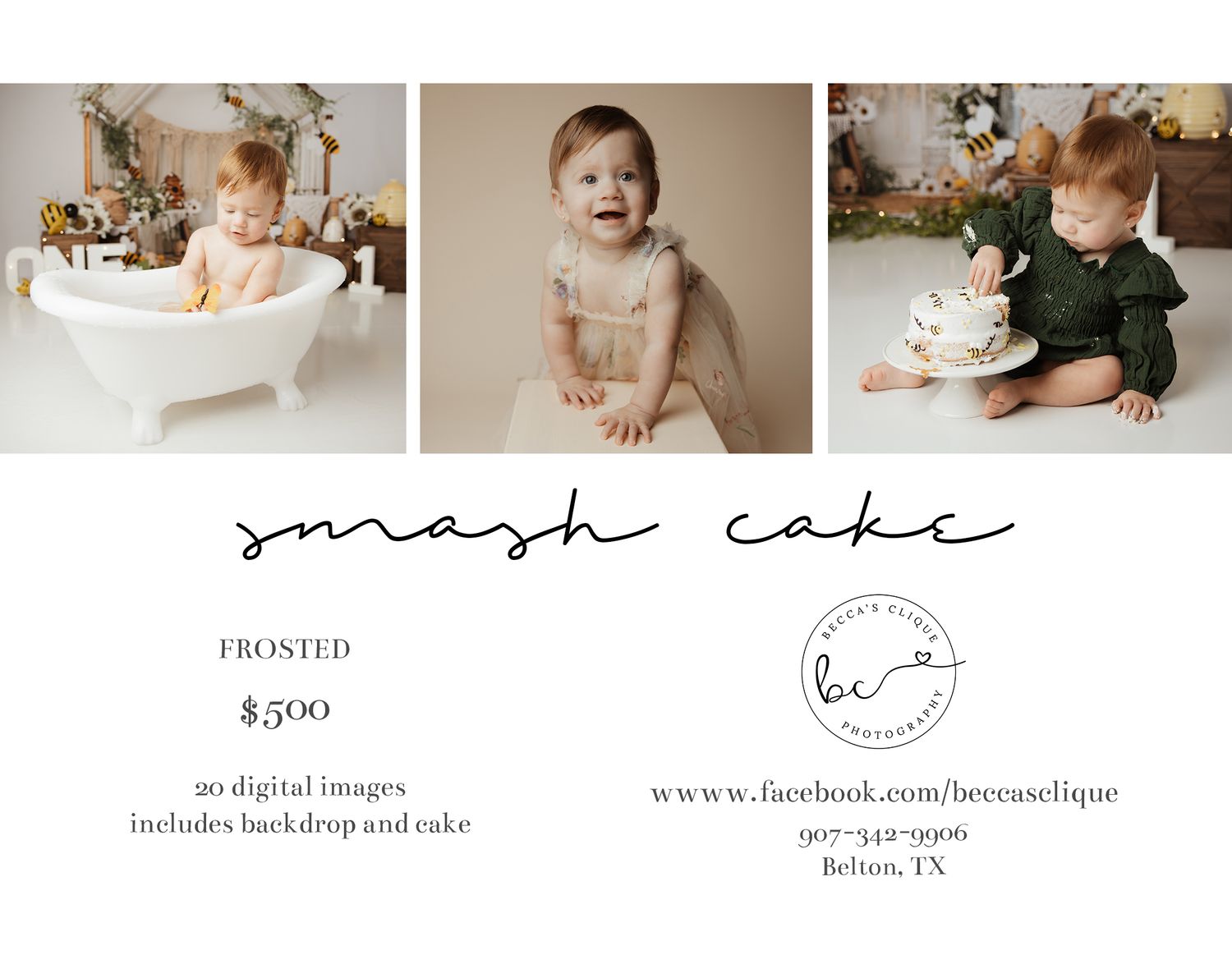 Becca's Clique Photography smash cake session pricing at $500 including backdrop and cake.