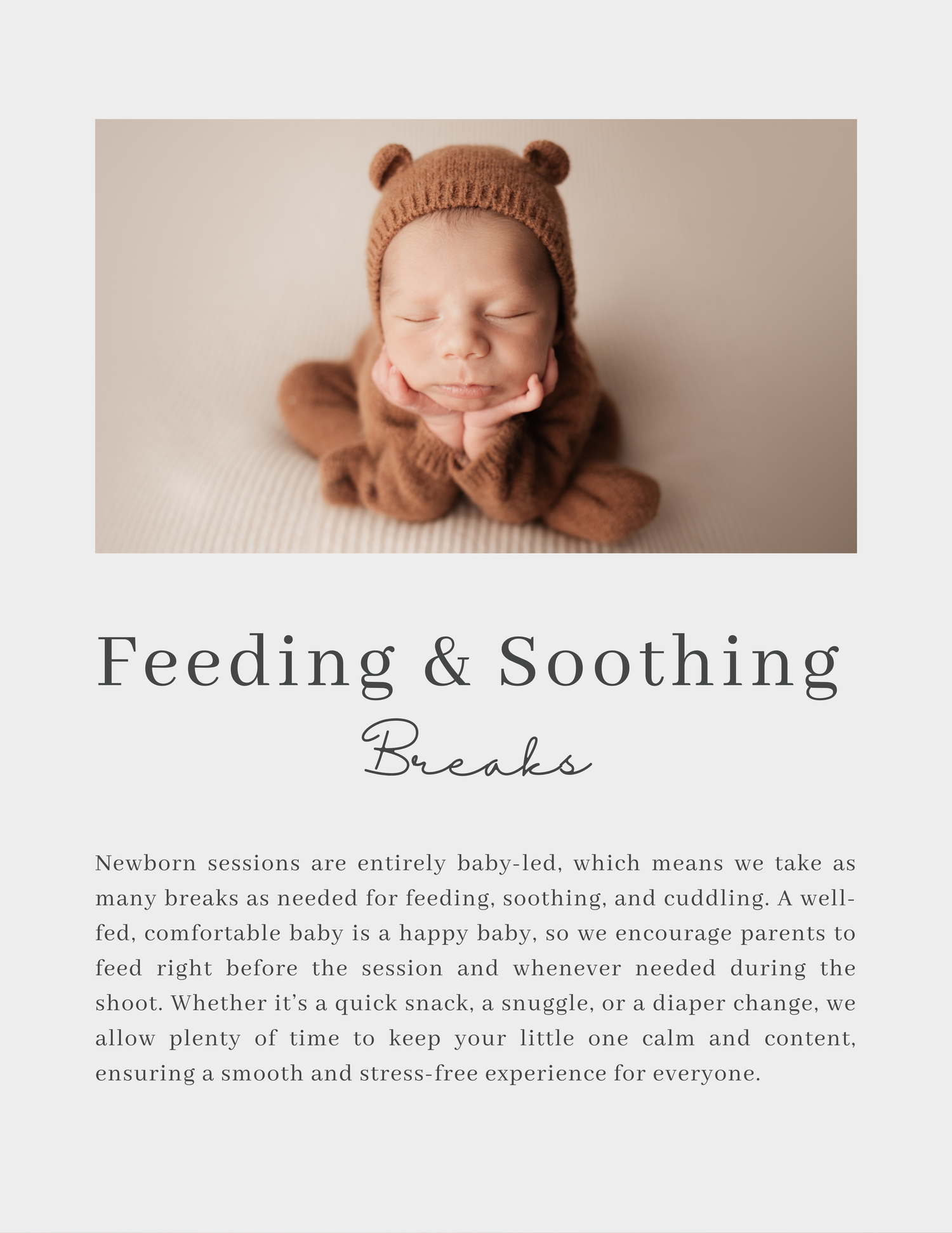 Sleeping newborn in brown bear bonnet with feeding and soothing breaks guide for baby-led sessions.