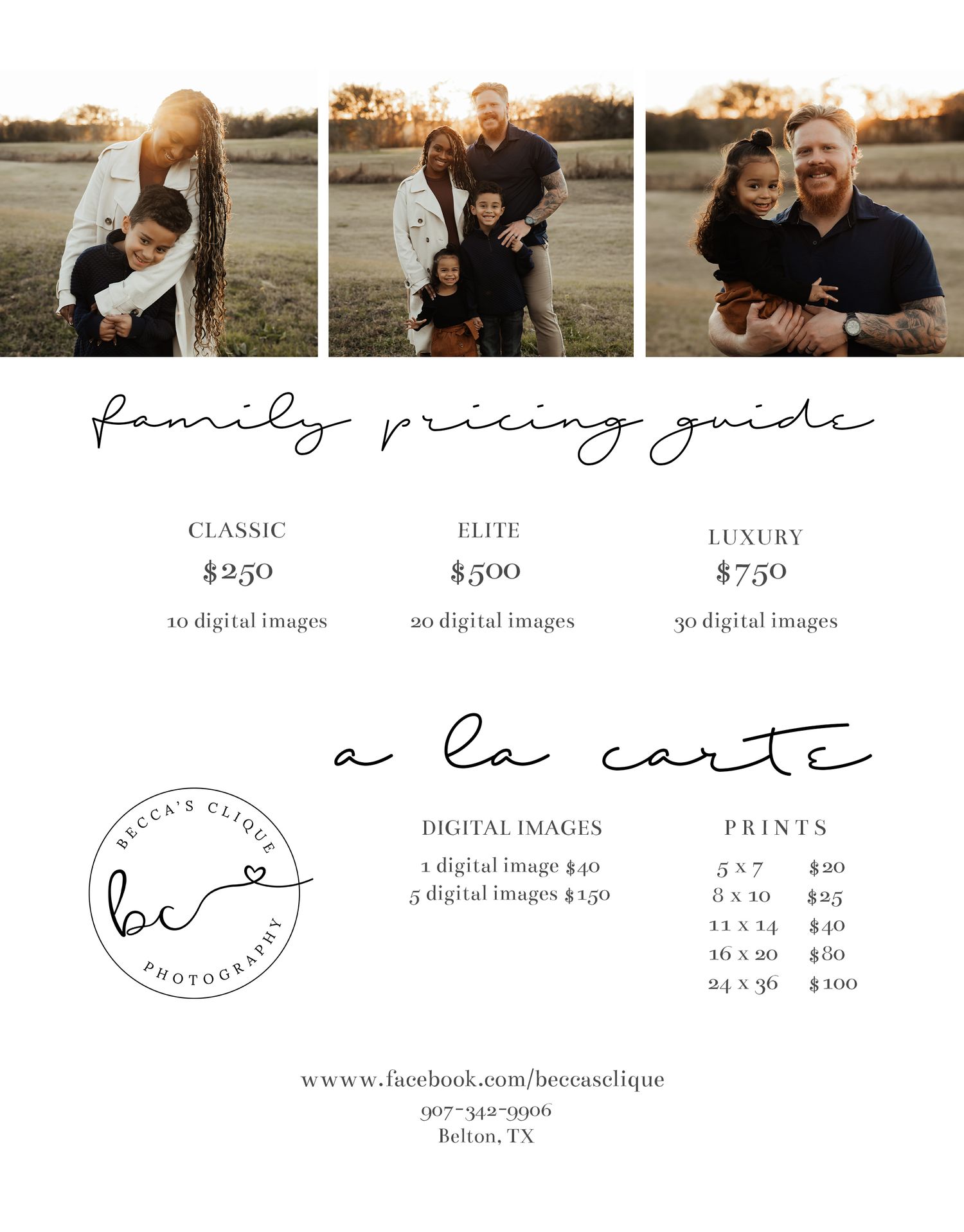 Family photography pricing guide showing classic, elite, and luxury packages with sample outdoor portraits.