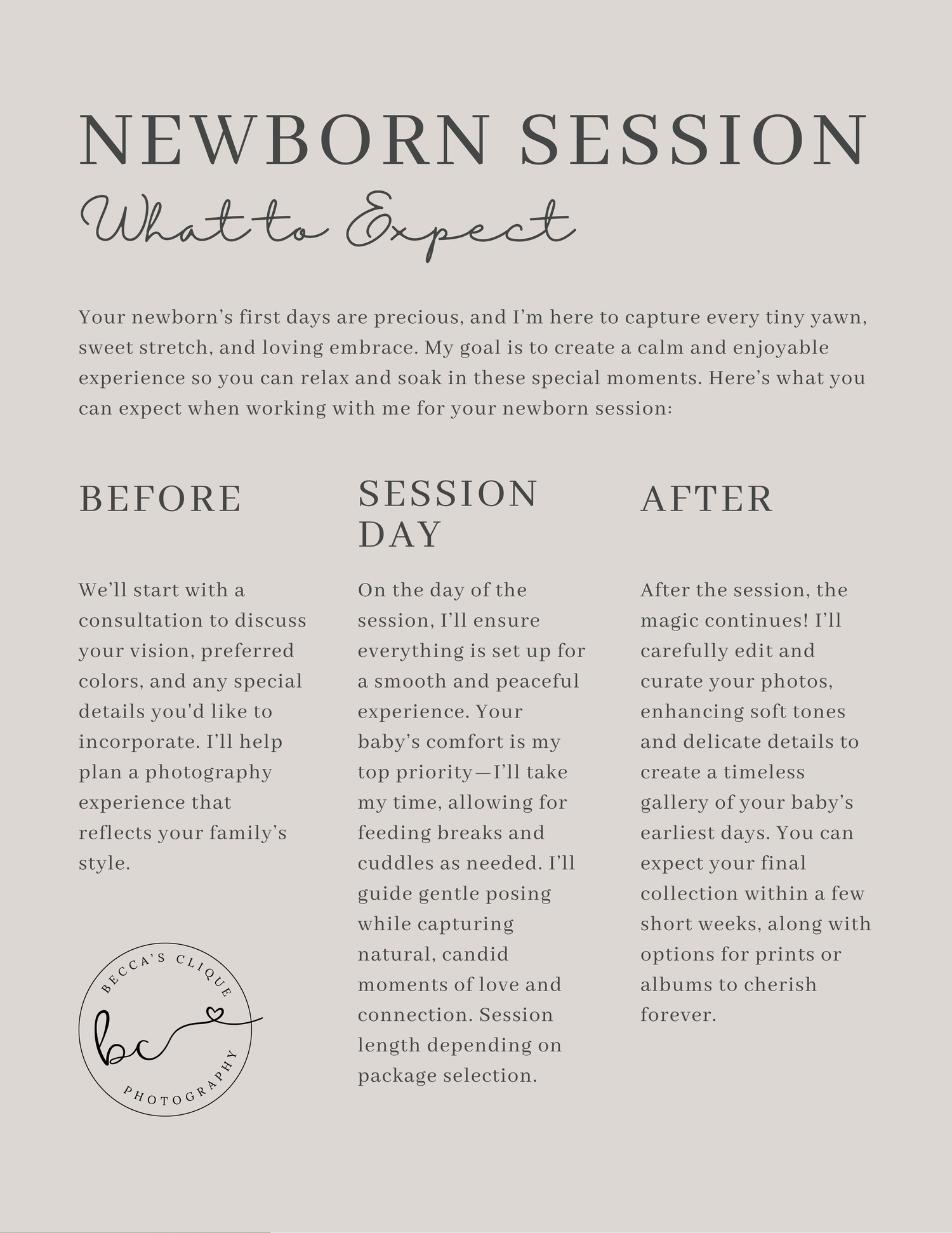 Newborn photography session guide outlining what to expect before, during, and after your baby photoshoot.