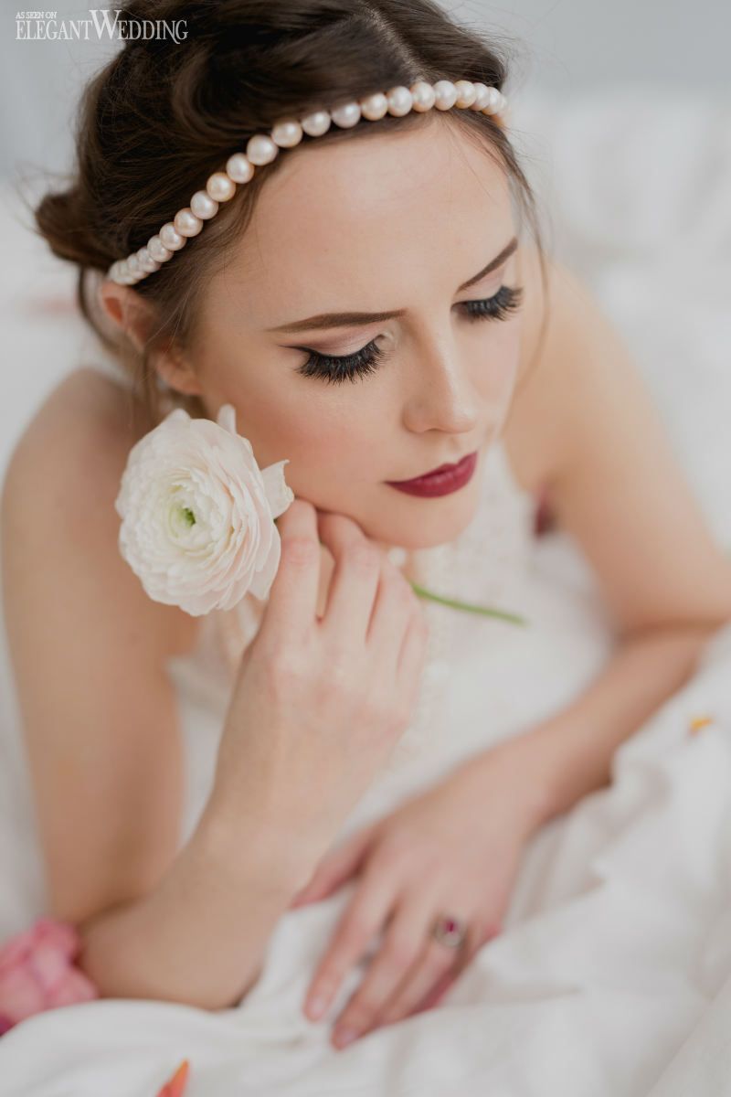 Elegant bridal portrait series showing delicate pearl headpiece and white rose hair accessory with soft makeup details.