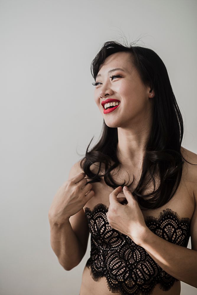 Artistic black and white photos featuring person wearing black lace top with dramatic expressions.