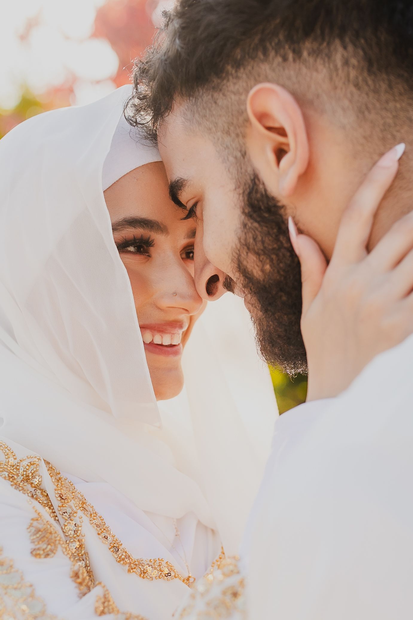 A romantic wedding photo sequence showing close-up moments between a bride in white and groom with a beard.
