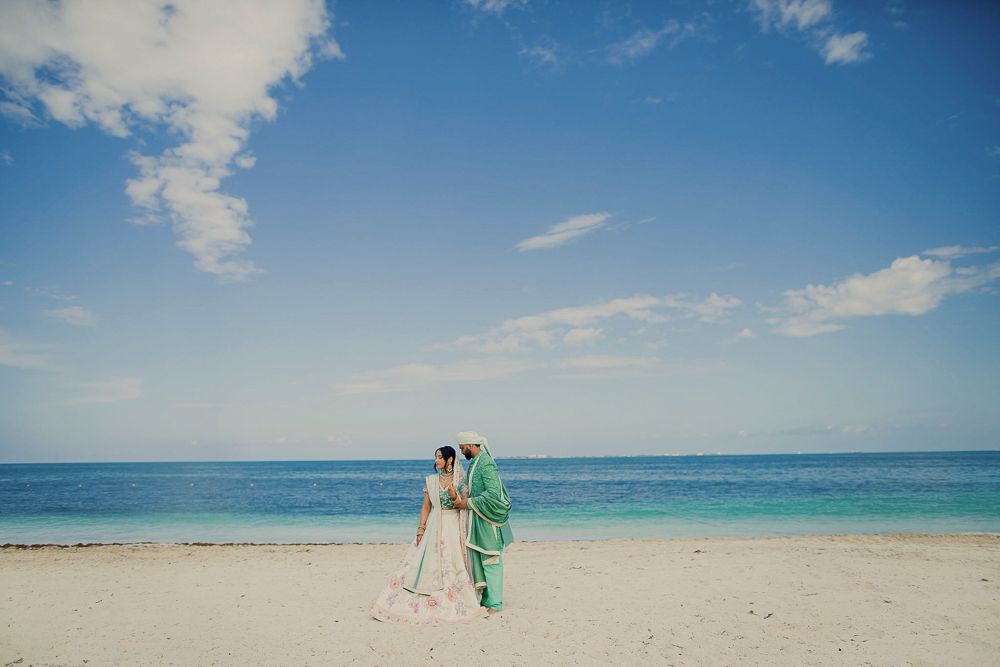 A series of beautiful beach landscape photos showing turquoise waters and white sandy shores under blue skies.