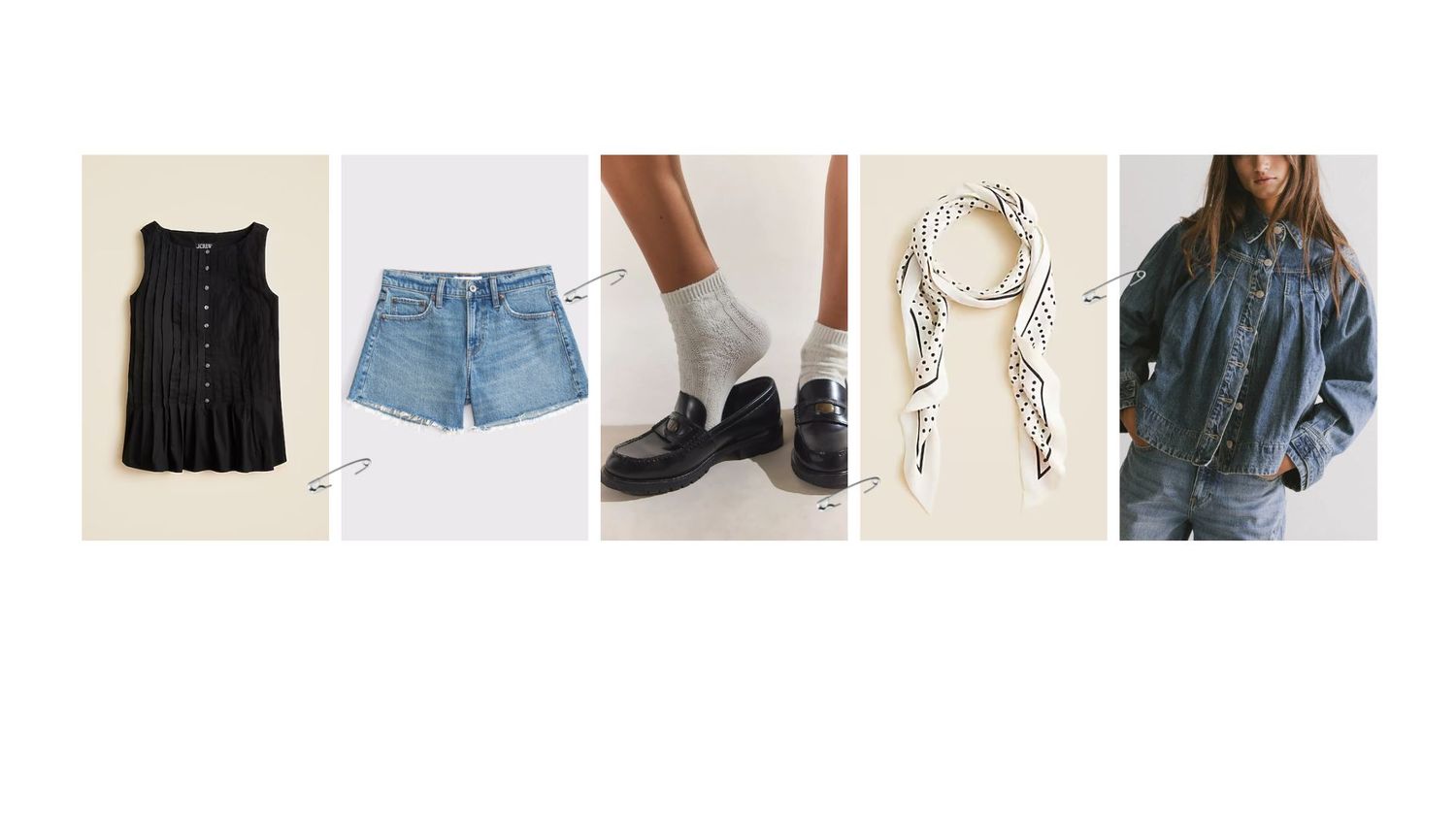 A collage of fashion items including a black dress, denim shorts, black boots, a printed jumpsuit, and a denim jacket.