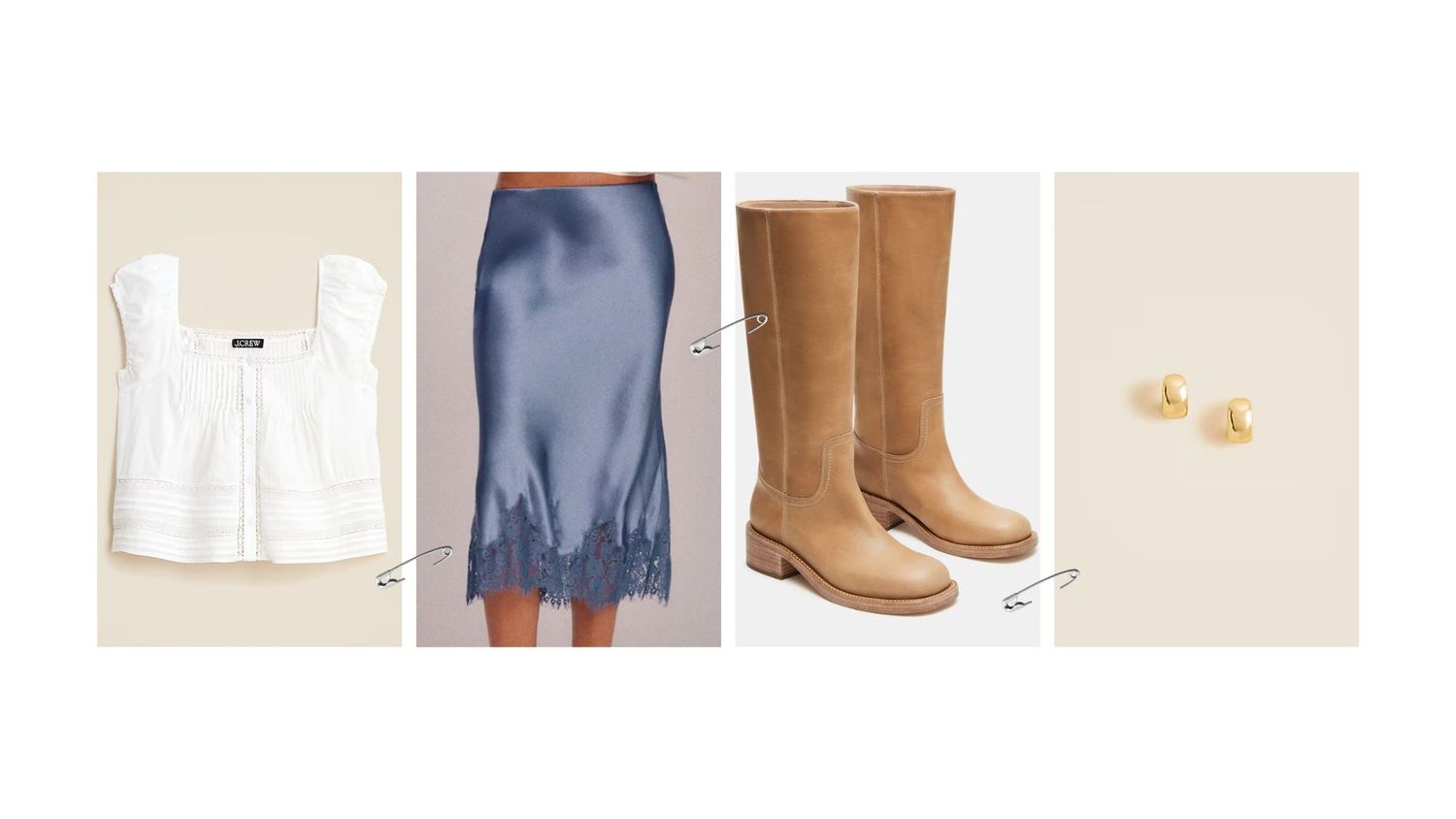 A collection of clothing and accessories including white tops, denim skirts, brown boots and gold jewelry arranged in a grid.