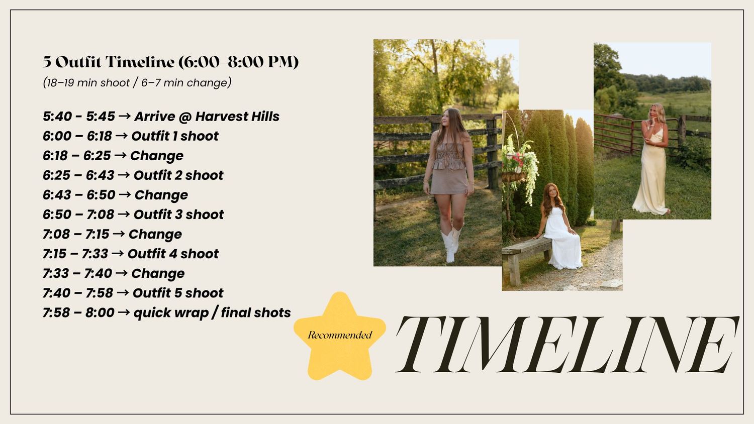 A detailed photography session timeline schedule showing outfit changes and shoot locations from 6PM to 8PM.