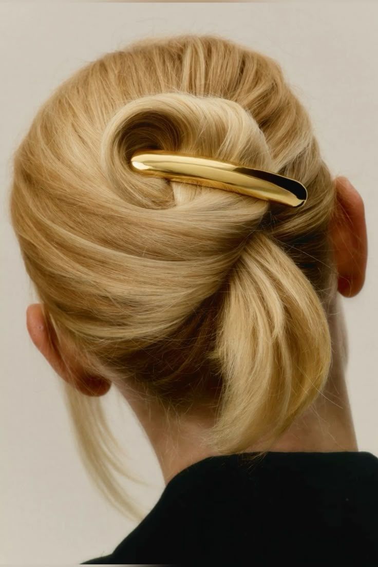 A series of photos showing a blonde updo hairstyle being styled with a gold hair clip from different angles.