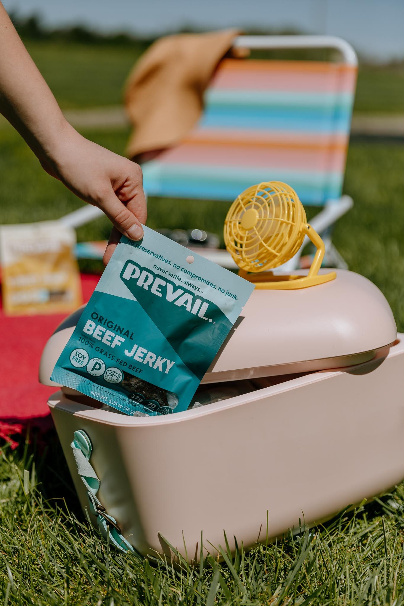 Prep Jerky snack packets arranged in a beige container on grass outdoors.