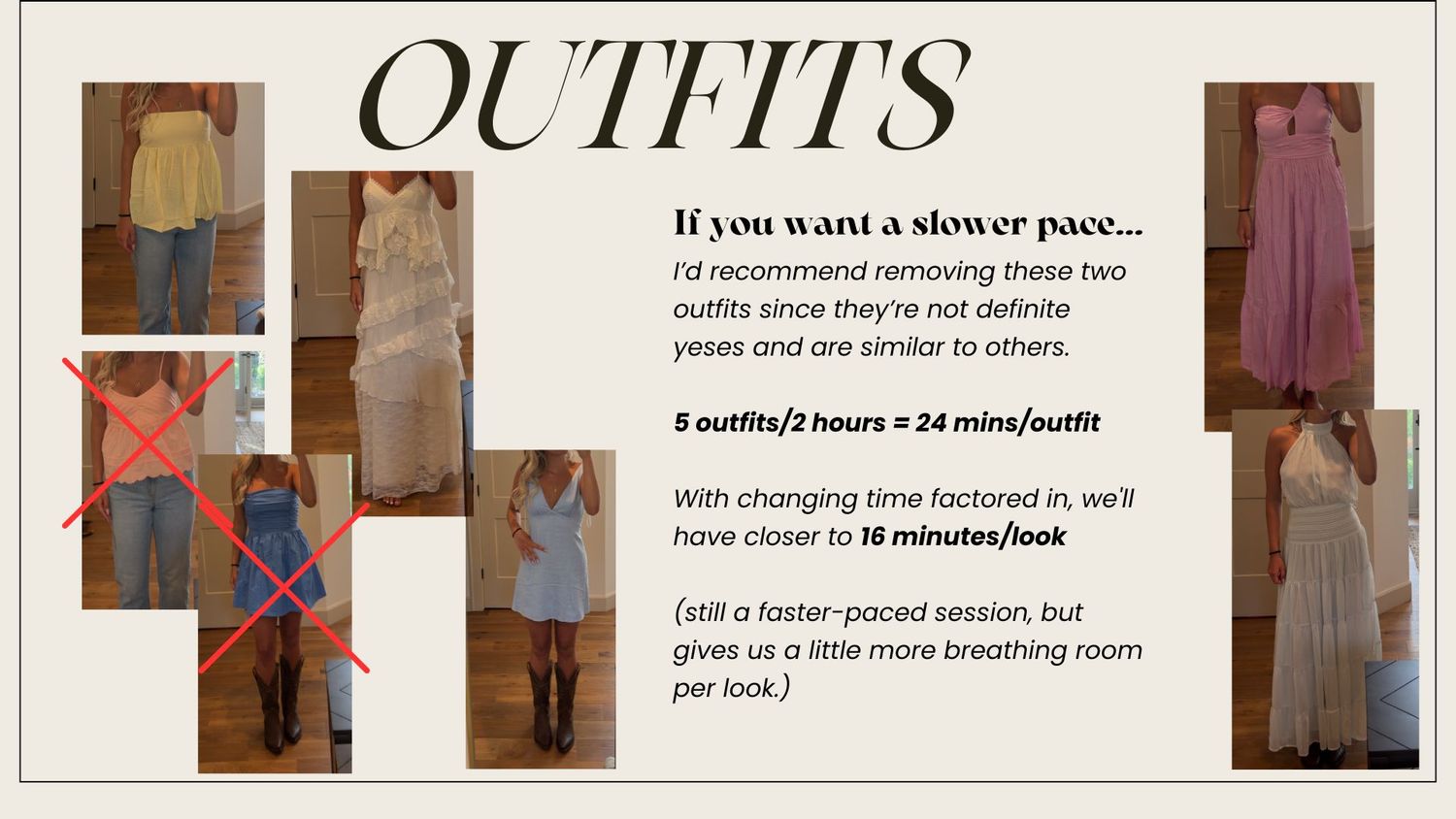 A fashion mood board displaying multiple outfit combinations with styling tips and time management advice for outfit planning sessions.