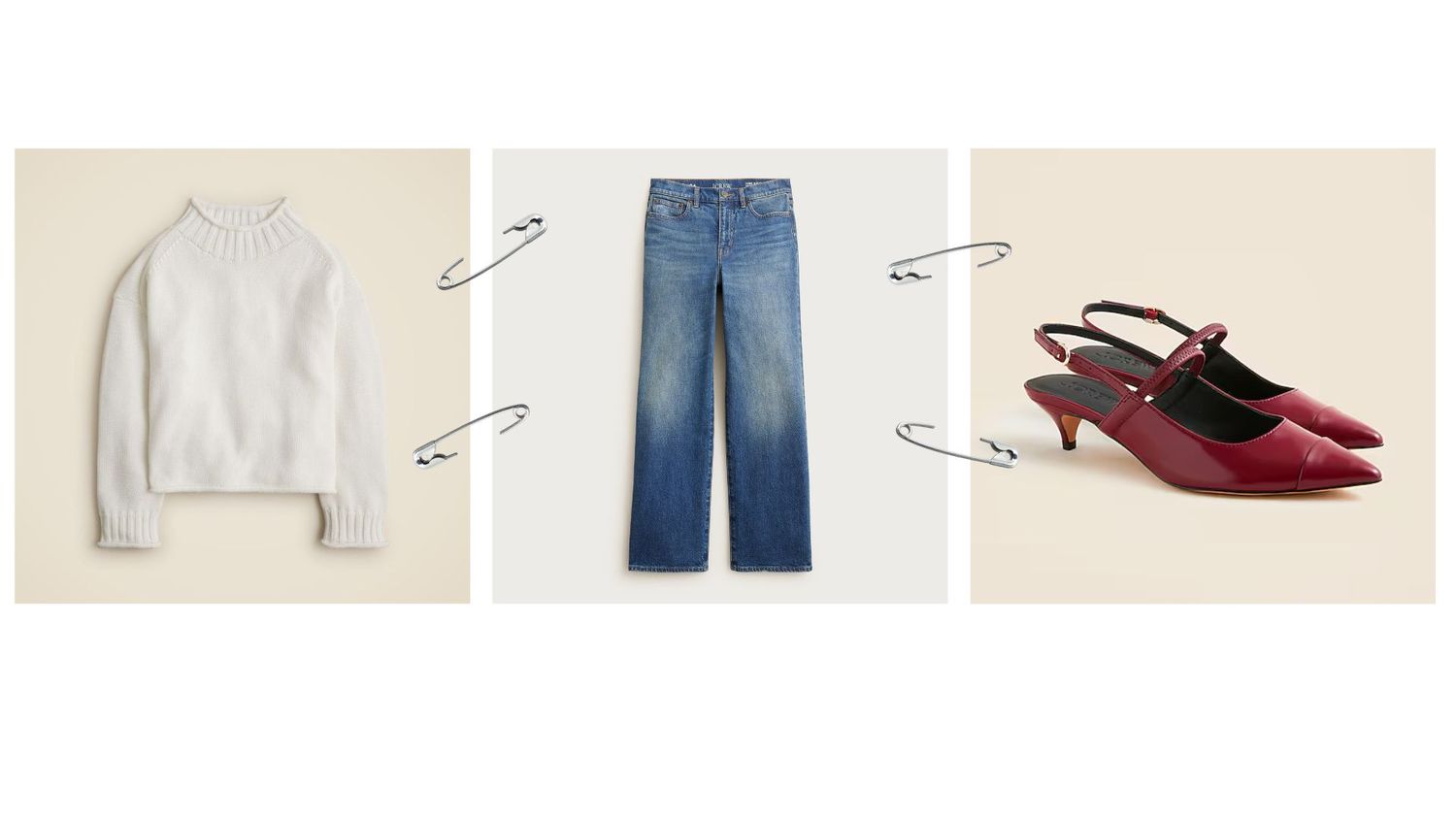 A collage of casual clothing items including denim jeans, white socks, burgundy flats, and a light colored sweater.