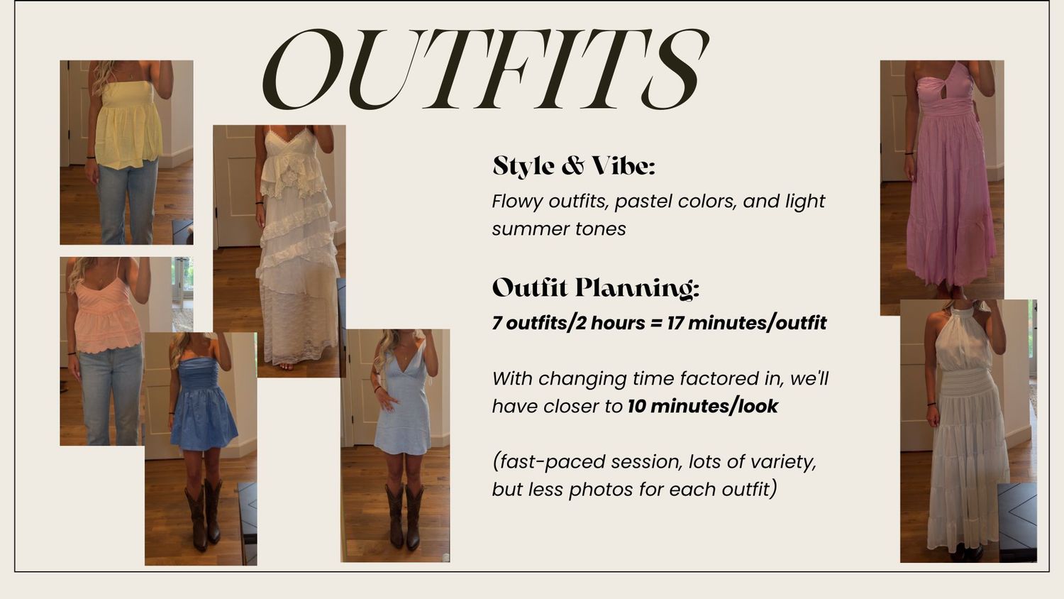 A fashion mood board showcasing flowy pastel summer outfits with style planning notes for a fast-paced photo session.