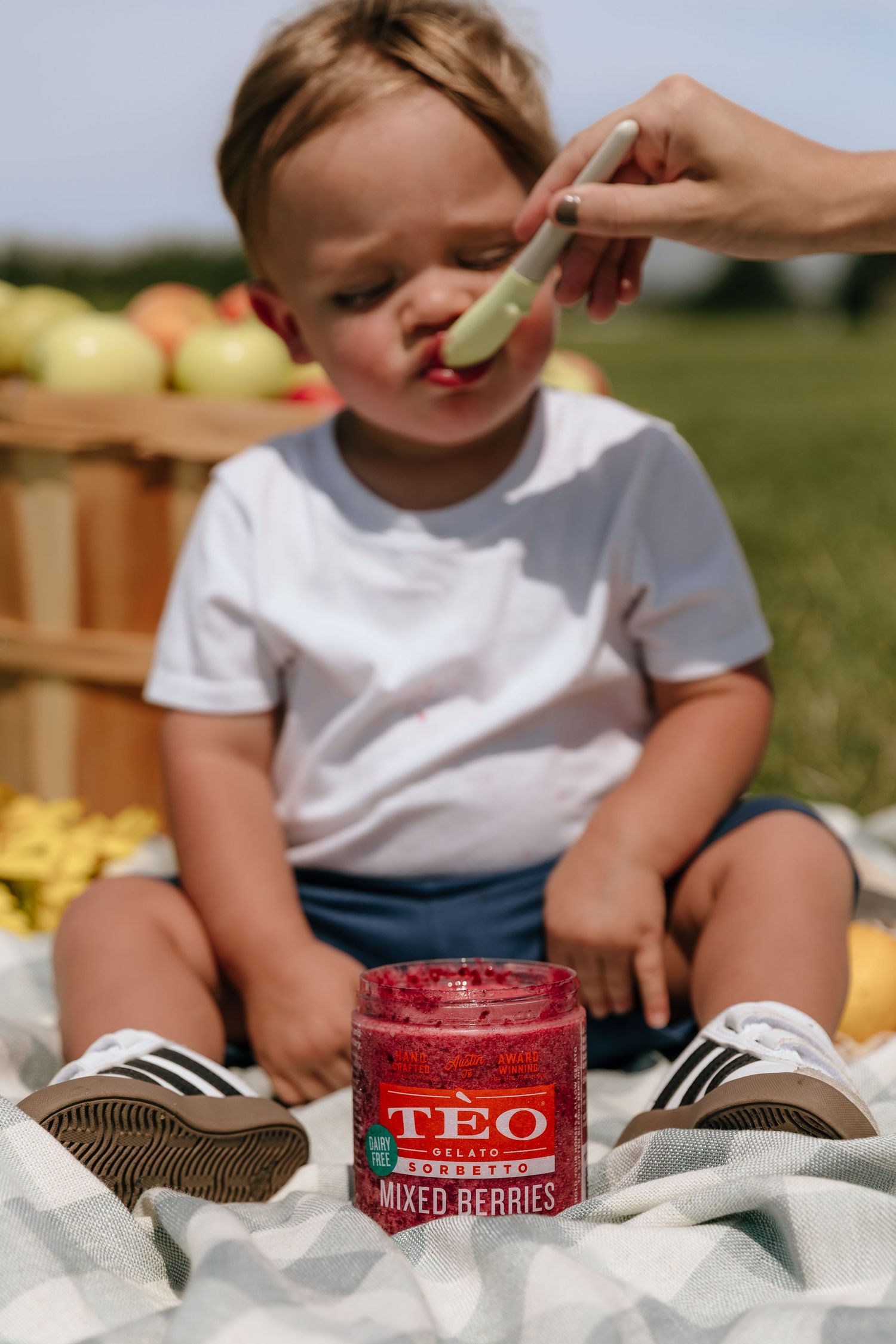 Enjoying a snack spread with cookies and mixed berry TEO jam jar on a sunny outdoor picnic.