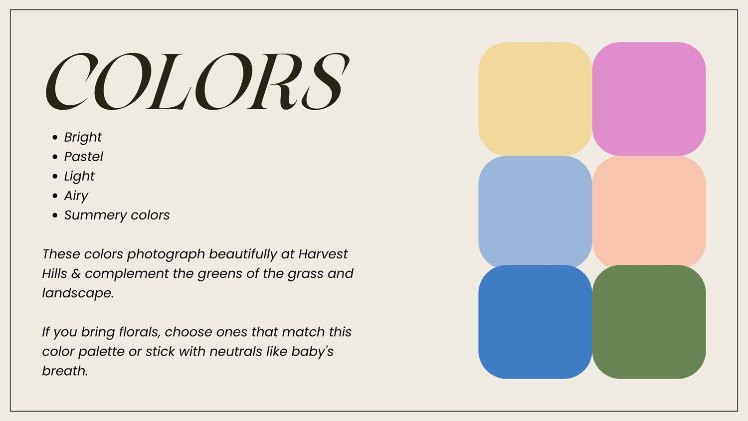 A color palette guide featuring bright pastel swatches in yellow, pink, blue, and green tones for outdoor photography at Harvest Hills.