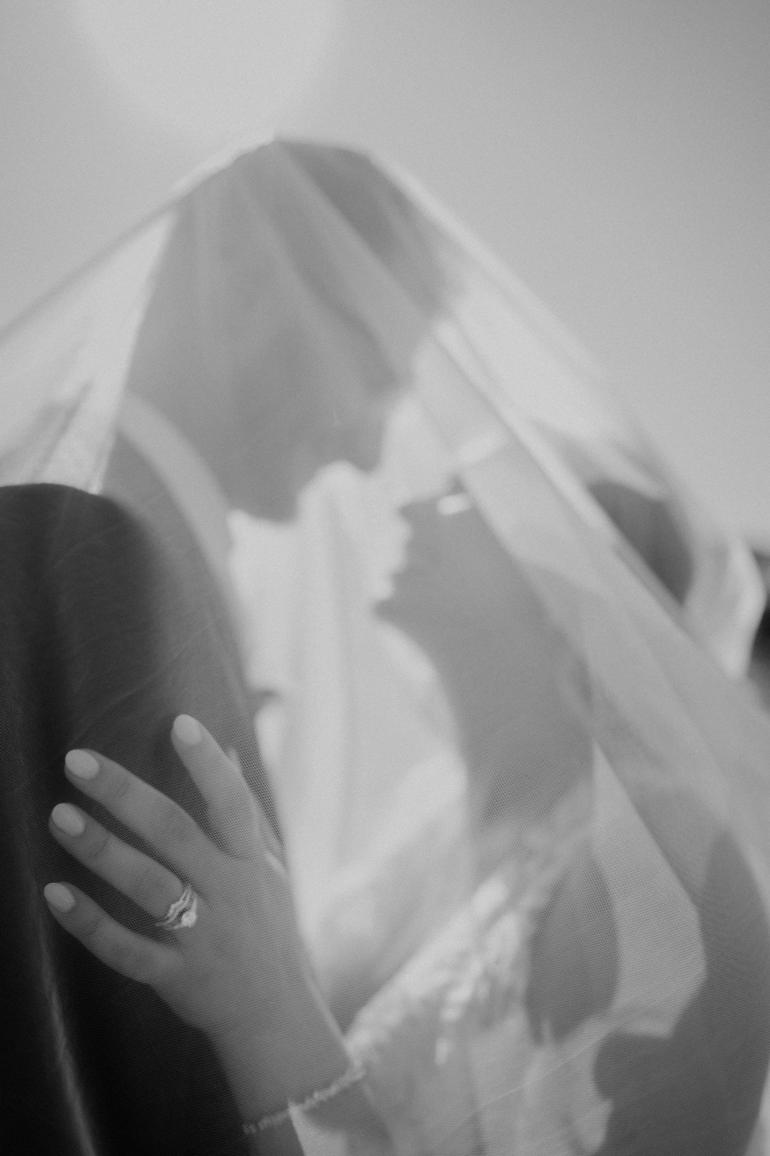 Romantic black and white silhouette of bride and groom nearly kissing under flowing wedding veil with ring visible.