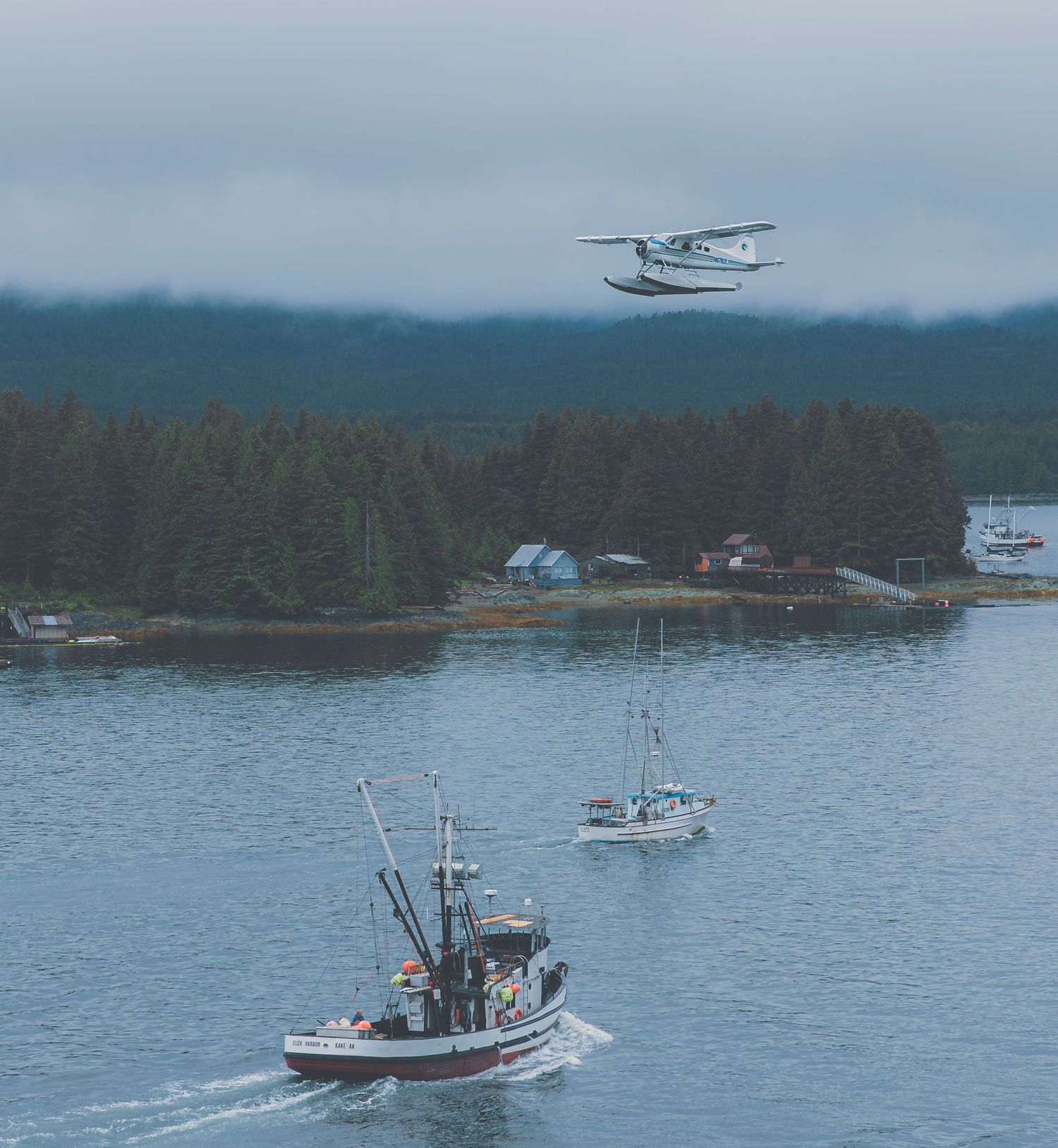 Seaplane and fishing boats share waters near forested shoreline in peaceful harbor scene.