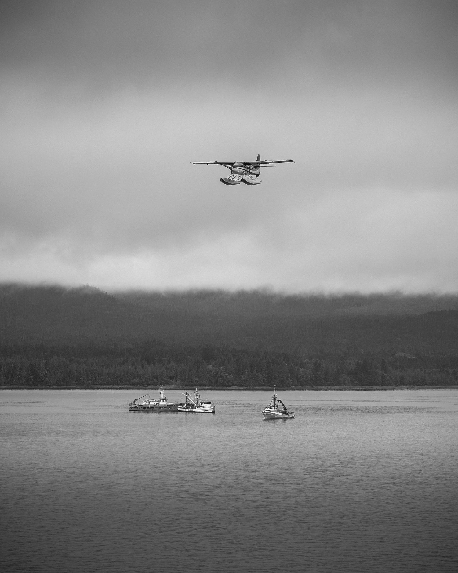 Seaplanes and boats dot the misty Alaskan coastline in a serene black and white panorama.