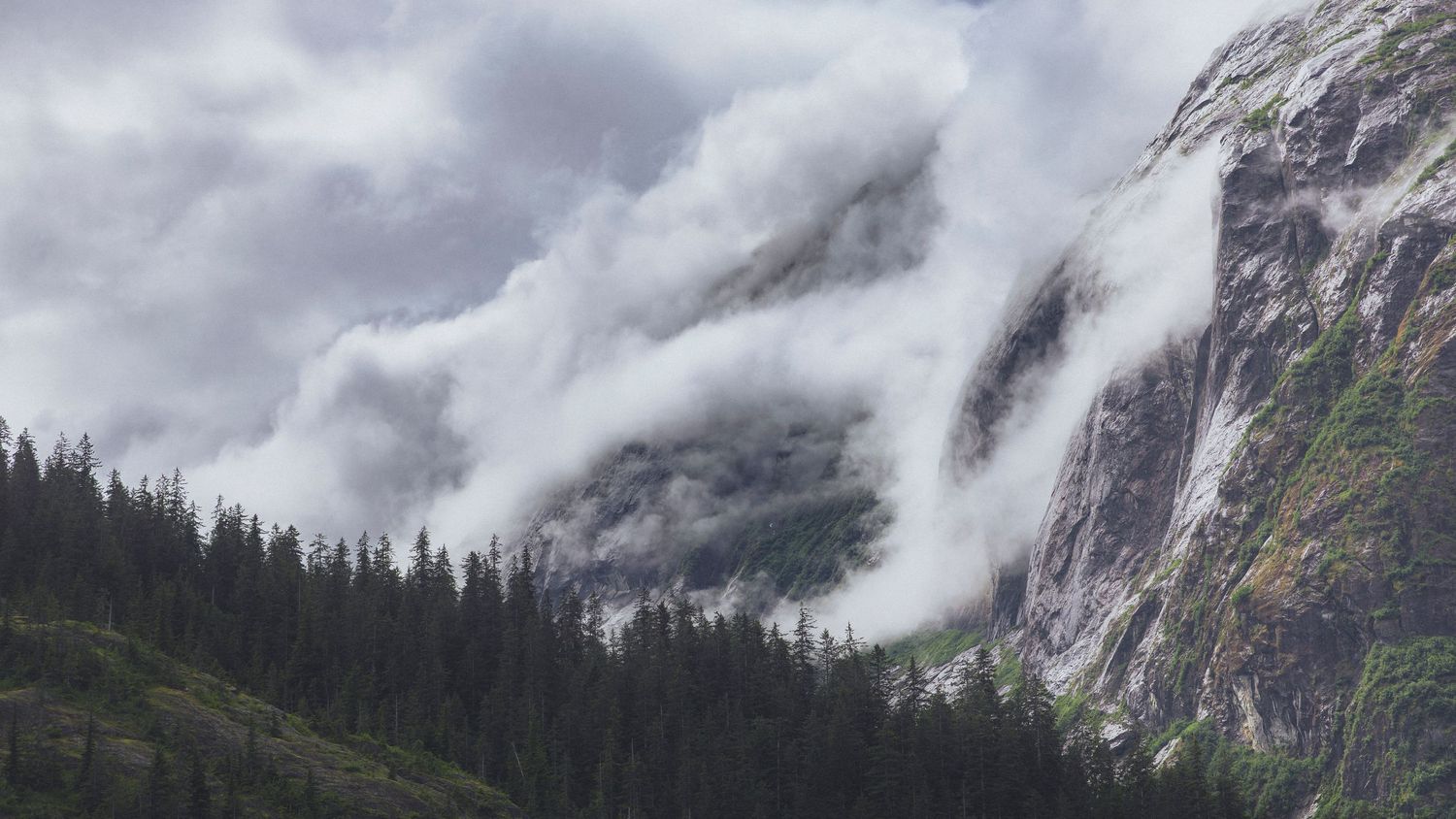 Misty mountain peaks rise dramatically above an Alaskan fjord.