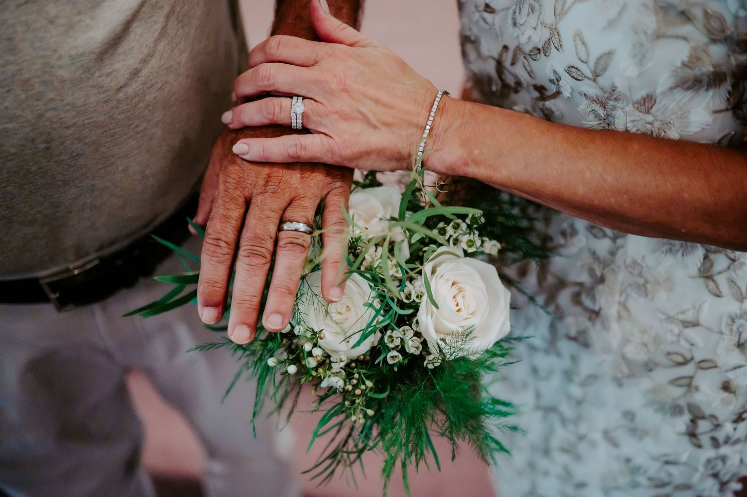 A couple's hands showing their wedding rings