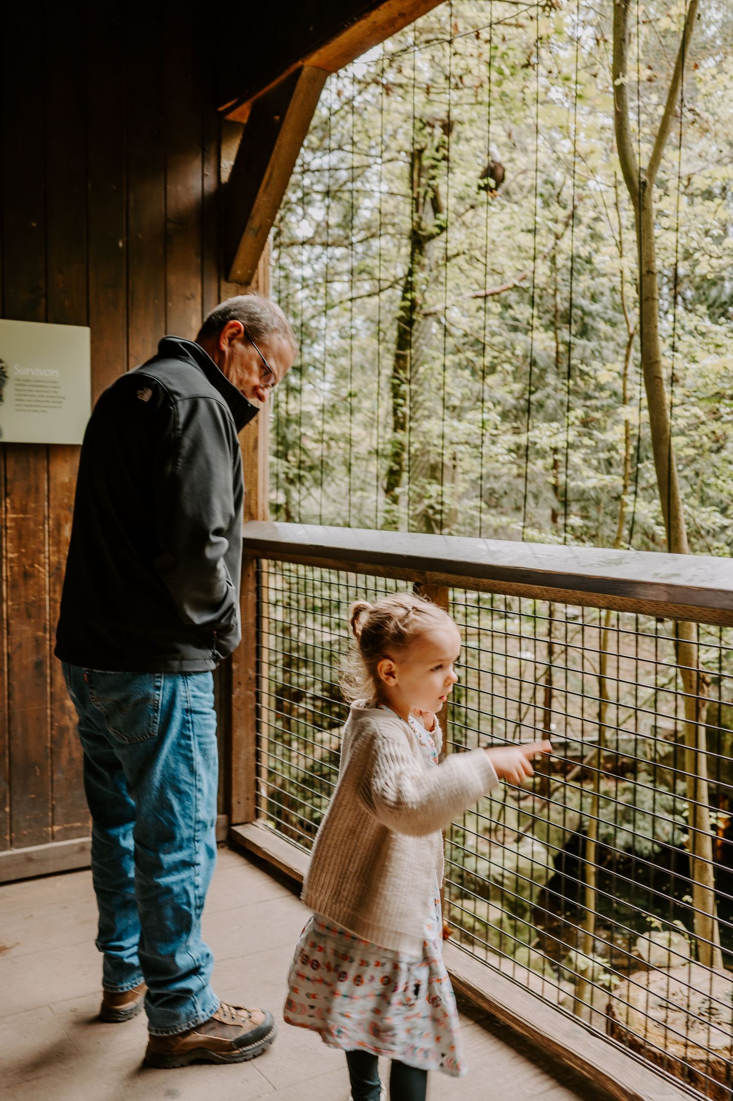 A young child in a white dress and adult exploring an outdoor deck surrounded by forest views.
