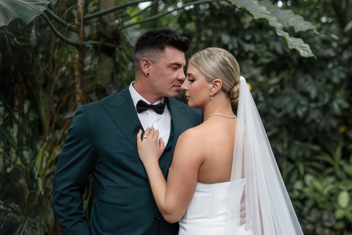 Glamorous bride and groom portrait in Riga, styled wedding photography capturing luxury and romance