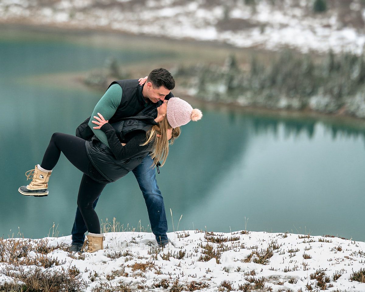 Romantic engagement proposal photoshoot in Canadian mountains