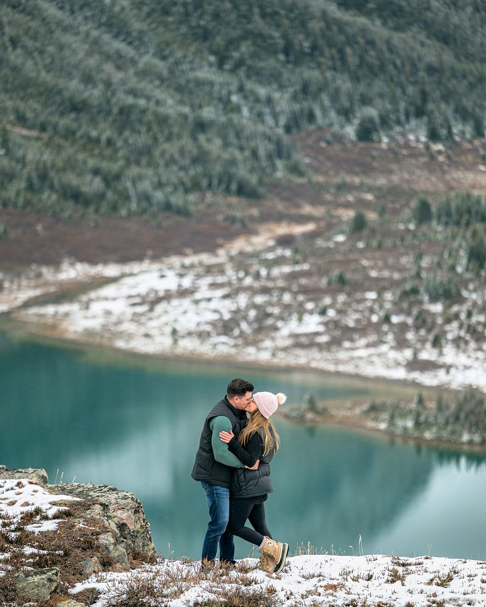 Romantic engagement proposal photoshoot in Canadian mountains