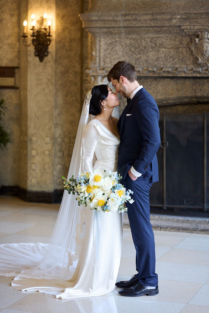 Elegant bride and groom portrait inside a historic European castle, perfect for Riga weddings