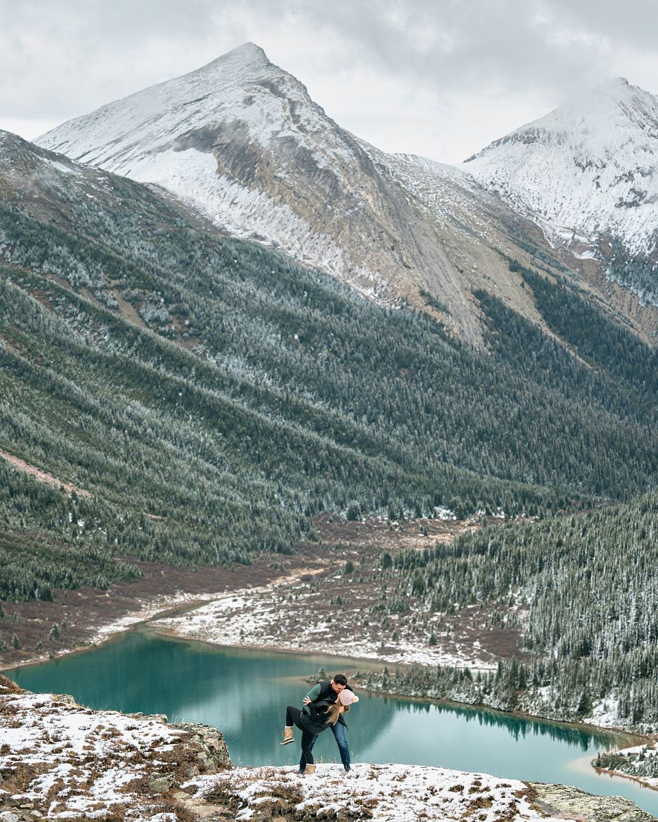 Romantic engagement proposal photoshoot in Canadian mountains