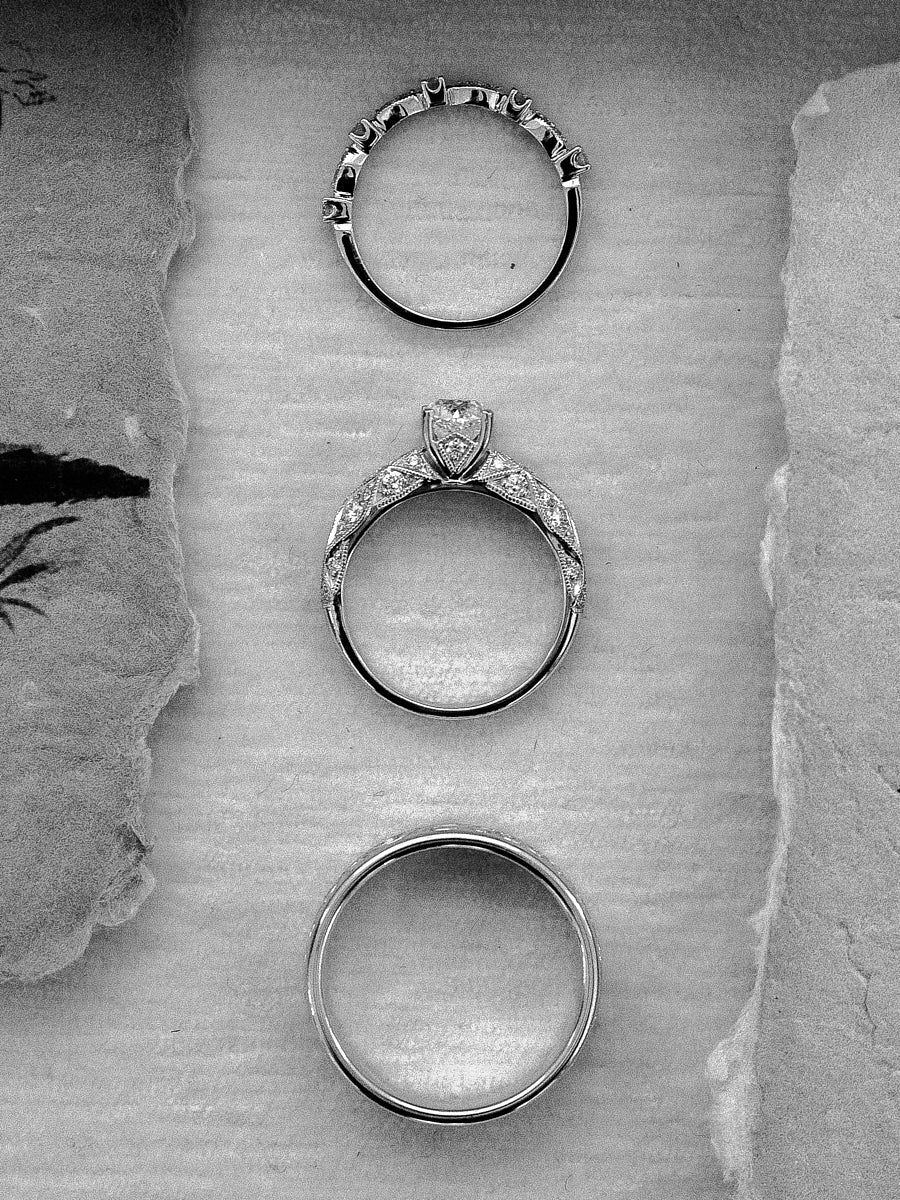 Wedding rings flatlay with elegant styling, detail shot for Riga bridal accessories and wedding jewelry