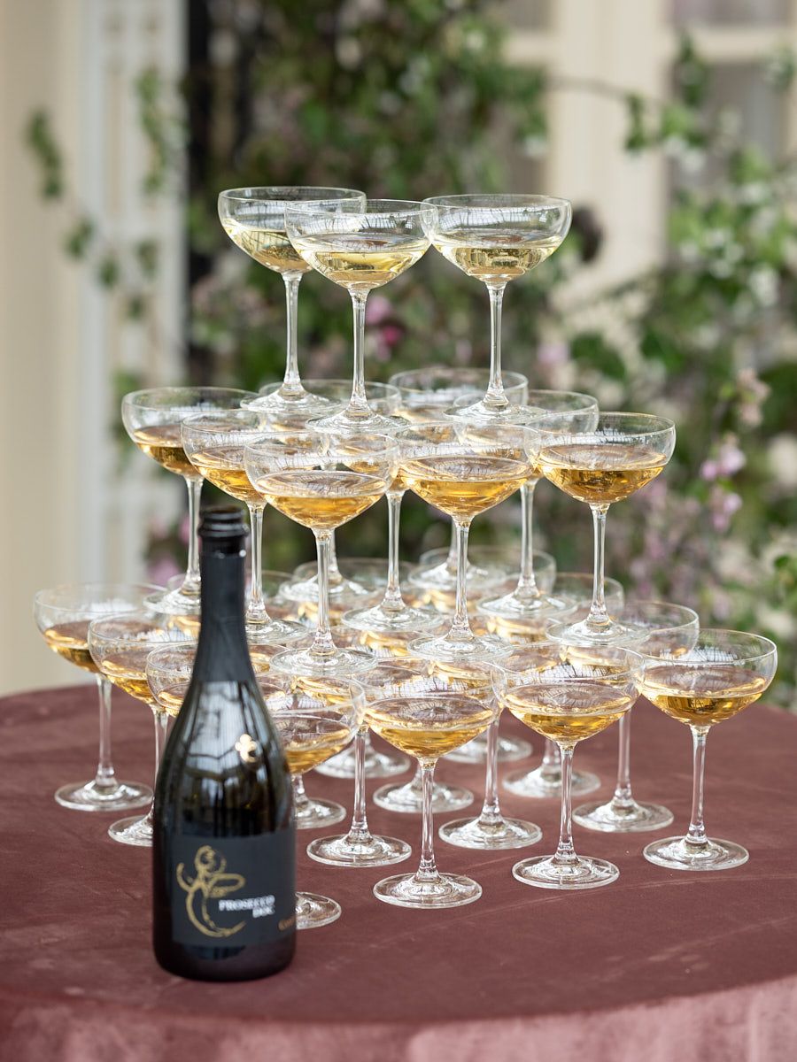 Elegant champagne tower at Riga wedding reception