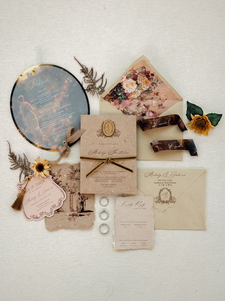 Vintage-inspired wedding flatlay with rings and stationery, styled for Riga bride inspiration