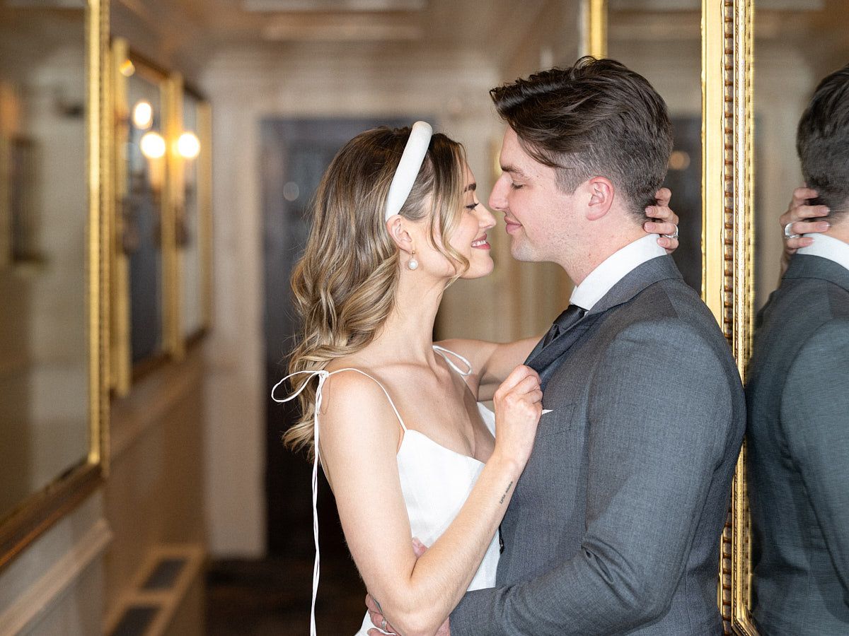 Elegant smiling couple portrait, Riga wedding